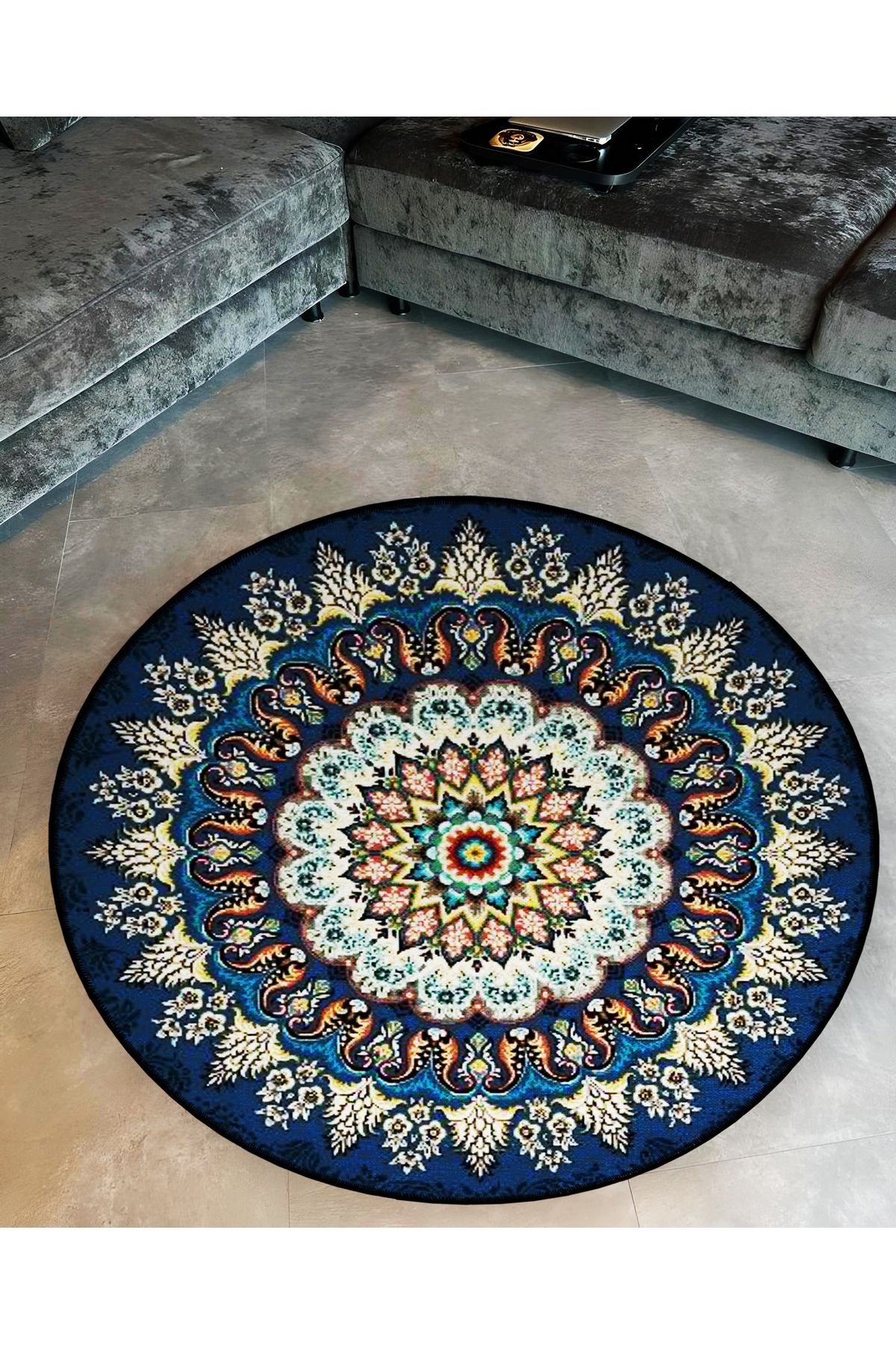 Mira Yuvarlak Lacivert Antik Desen Detaylı Dokuma Taban Modern Dekoratif Halı 5670