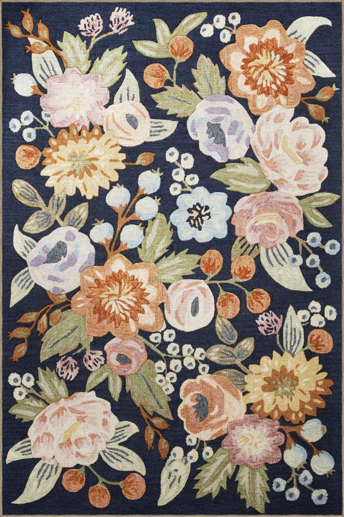 Lacivert Temalı Floral Çok Renkli Çiçek ve Gül Desenli Modern Dekoratif Halı 3433