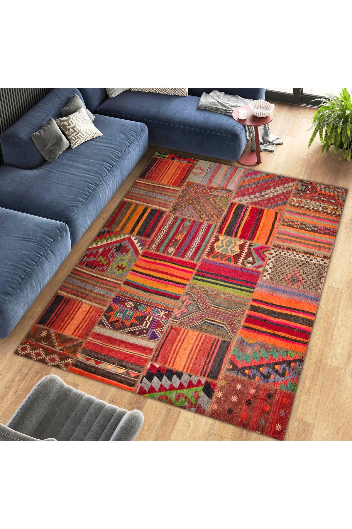 Cansu Koleksiyonu Patchwork Görünümlü Turuncu Tonlarda Dokuma Taban Modern Dekoratif Halı cansu04