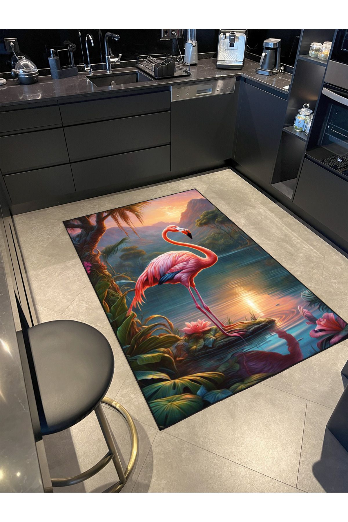Pembe Flamingo Desenli Dokuma Taban ve Dekoratif Halı miravip404