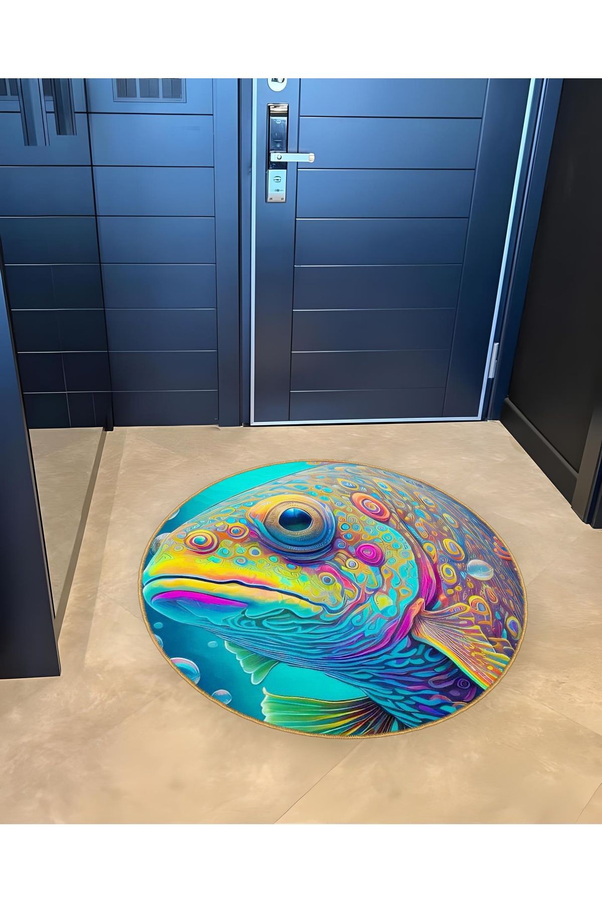 Çok Renkli Soyut Balık Desenli Yuvarlak Dokuma Taban Modern Dekoratif Halı 6081
