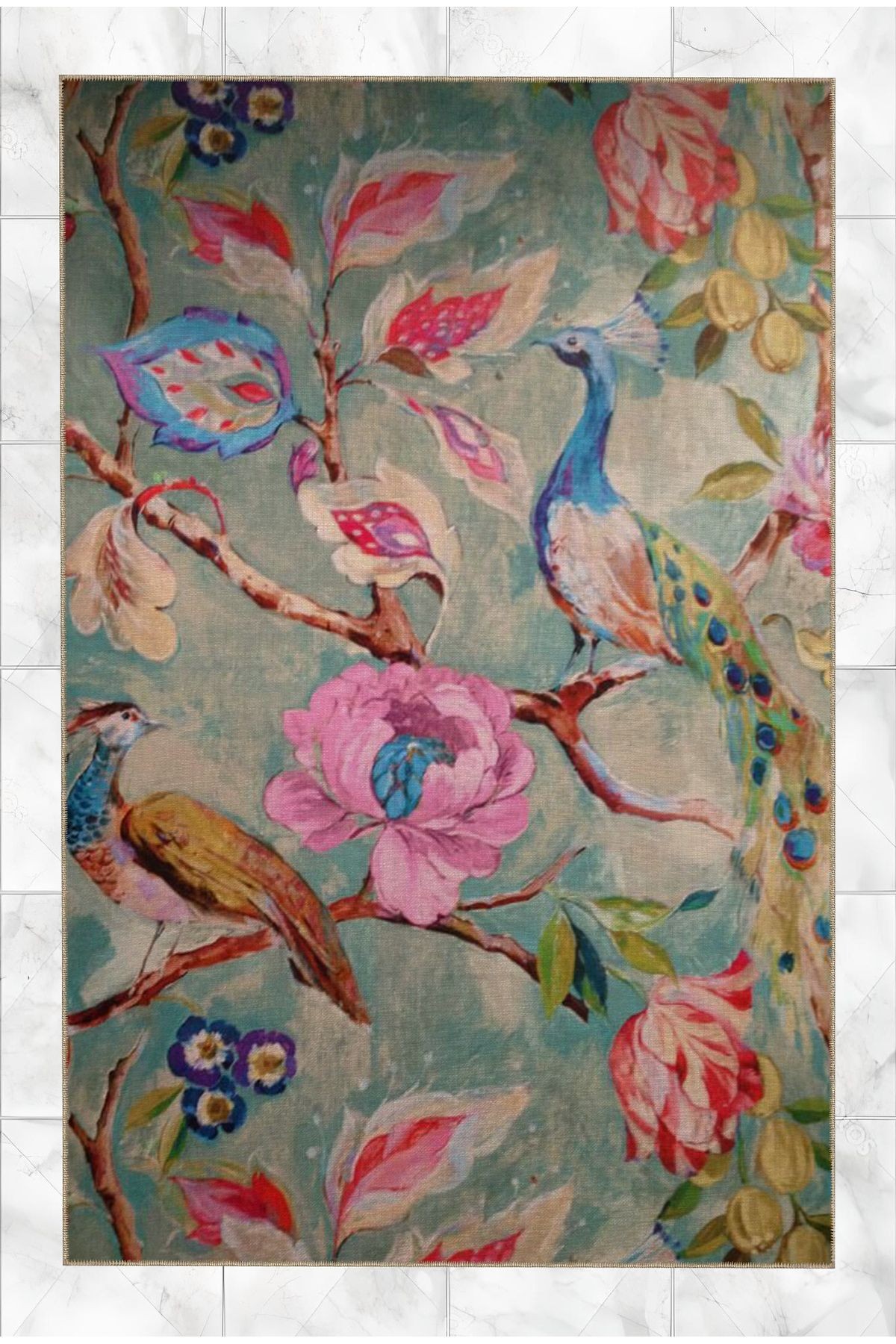 Pastel Tema Çok Renkli Ağaç Çiçek ve Tavus Kuşu Desenli Kreatif Modern Dekoratif Halı 5203