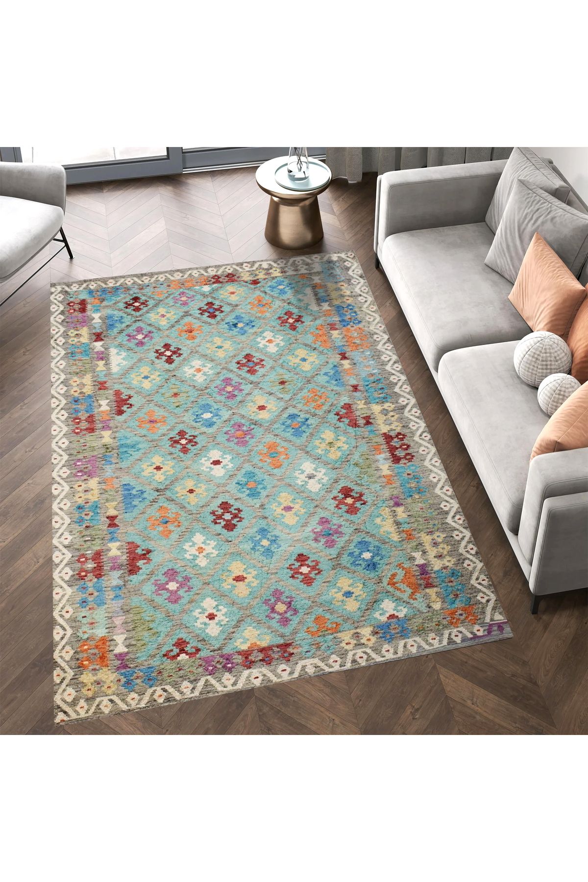 Mete Koleksiyonu Turkuaz Tema Etnik Motifler Desenli Vintage Dekoratif Halı 08