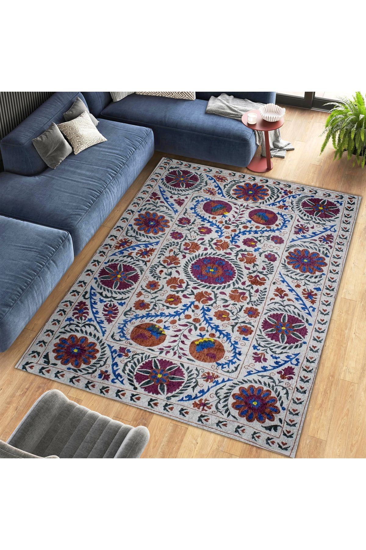 Mete Koleksiyonu Çok Renkli Karma Şekiller ve Çiçek Motifleri Desenli Vintage Dekoratif Halı 29