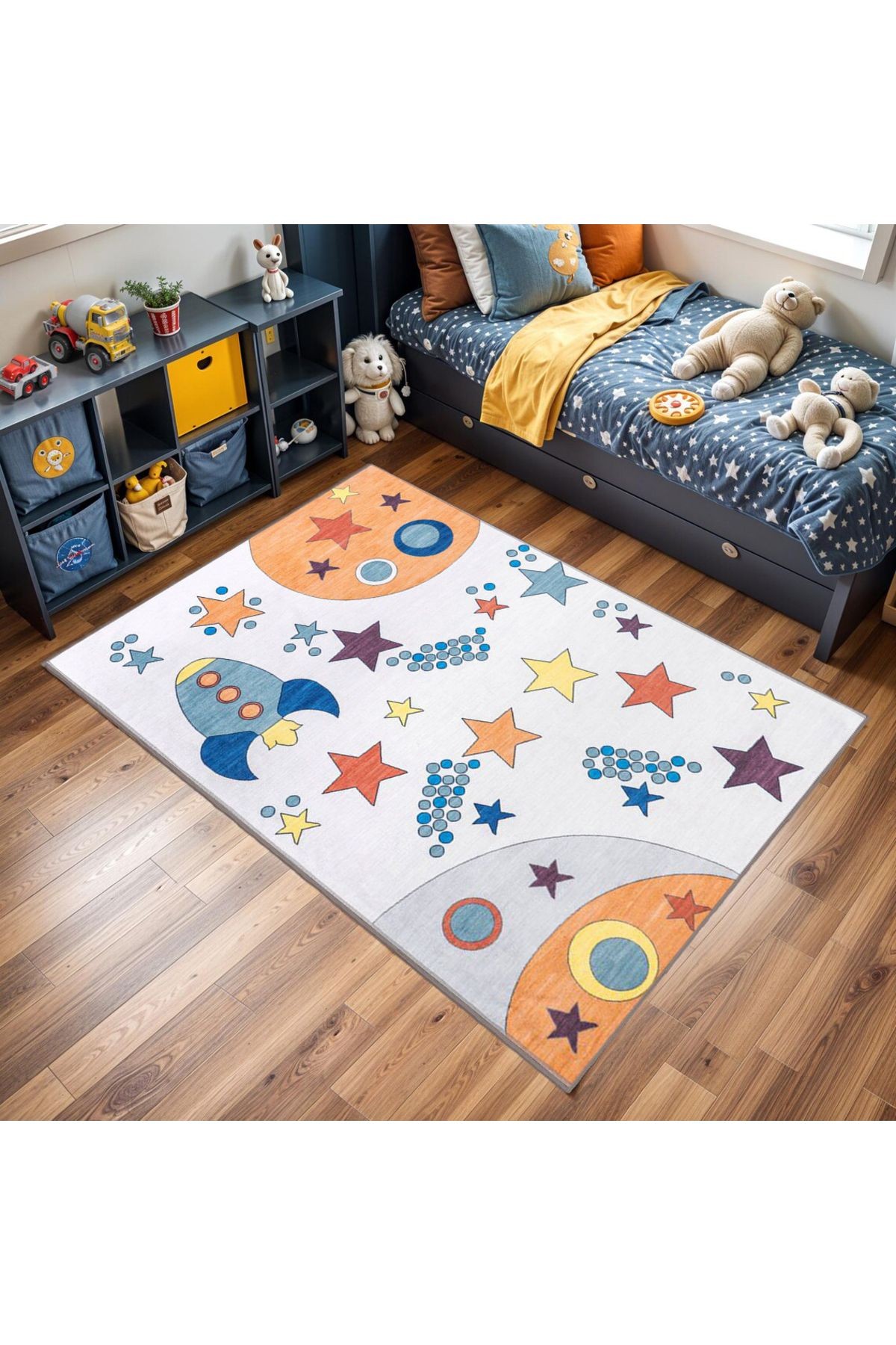 Asya Koleksiyonu Çok Renkli Yıldız ve Uzay Gemisi Desenli Dokuma Taban Modern Dekoratif Halı asya21