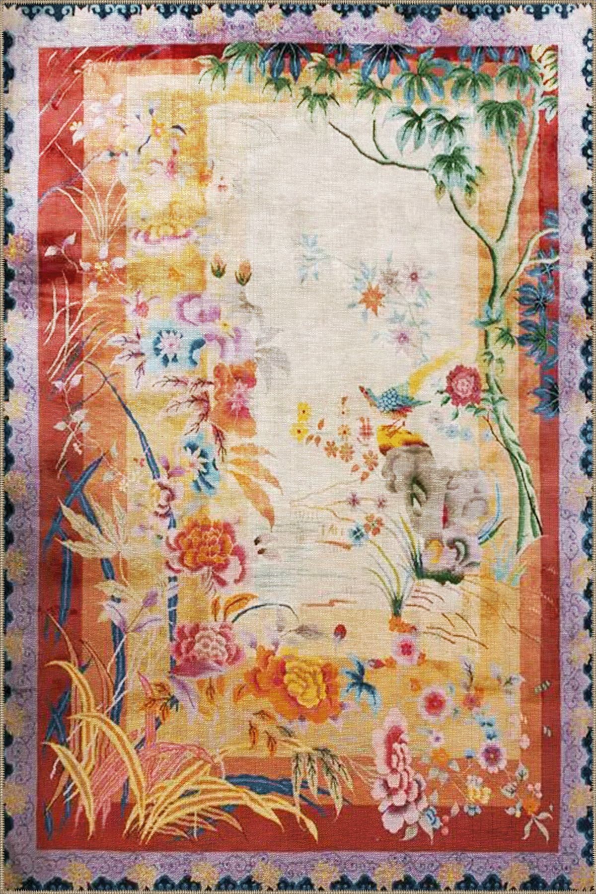 Botanik Temalı Çok Renkli Soyut Çiçek ve Gül Desenli Modern Dekoratif Halı 3485