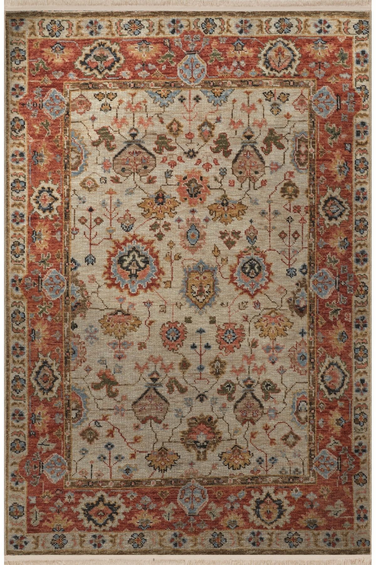 Turuncu Bej Temalı Geleneksel Motif Çiçek Desenli Saçaklı Vintage Dekoratif Halı 3137