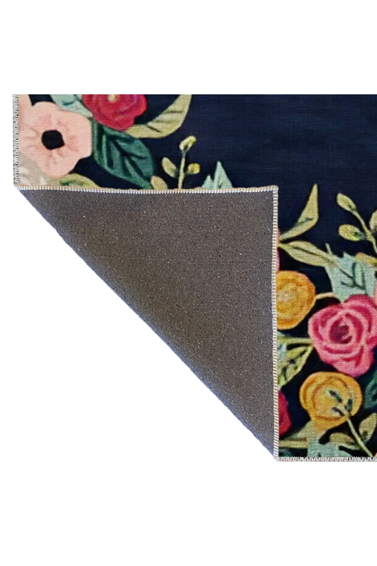 Lacivert Temalı Çok Renkli Ortası Boş Çiçek Gül Desenli Modern Dekoratif Halı 1696