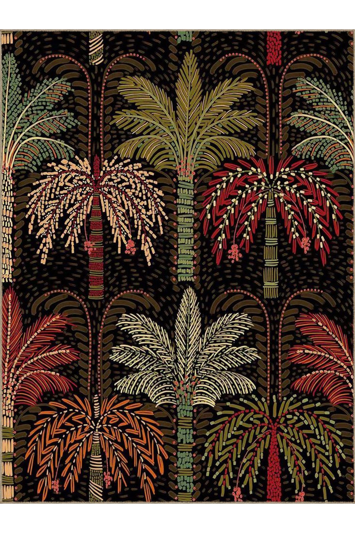 Tuğrul Koleksiyonu Koyu Ton Çok Renkli Palmiye Ağaçları Desen Dokuma Taban Modern Dekoratif Halı 05