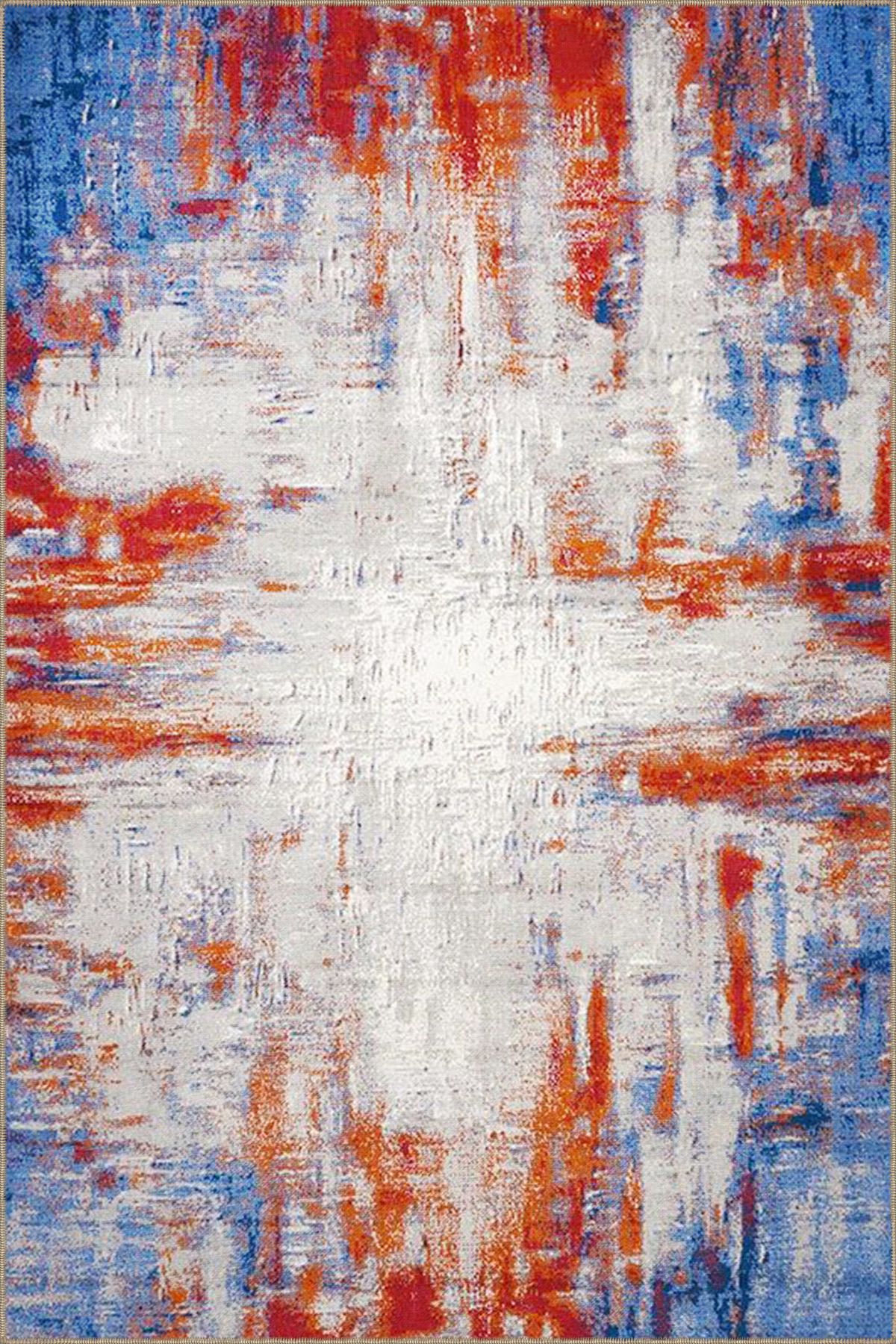 Mavi Turuncu Temalı Soyut Desenli Modern Dekoratif Halı 3922