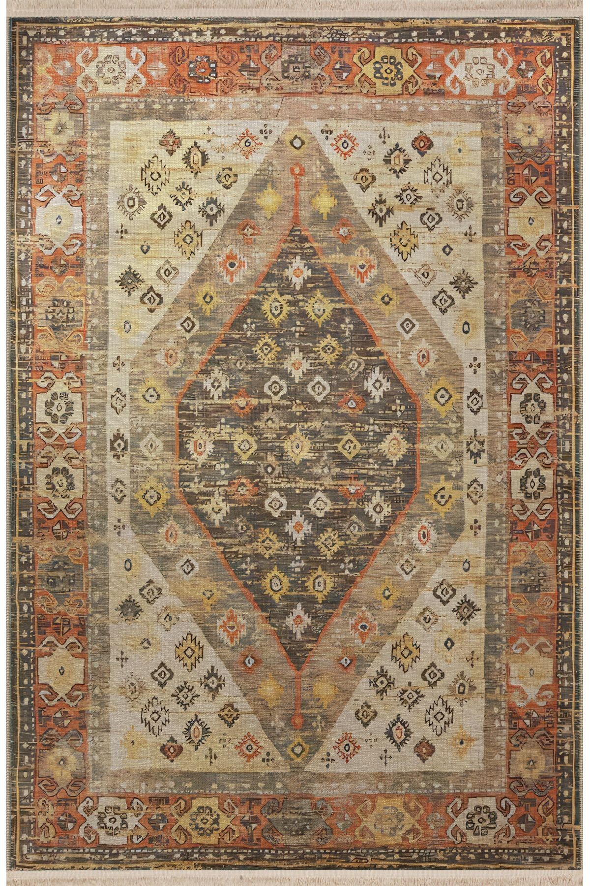 Bej Temalı Geleneksel Motif Desenli Kreatif Vintage Dekoratif Halı 2426