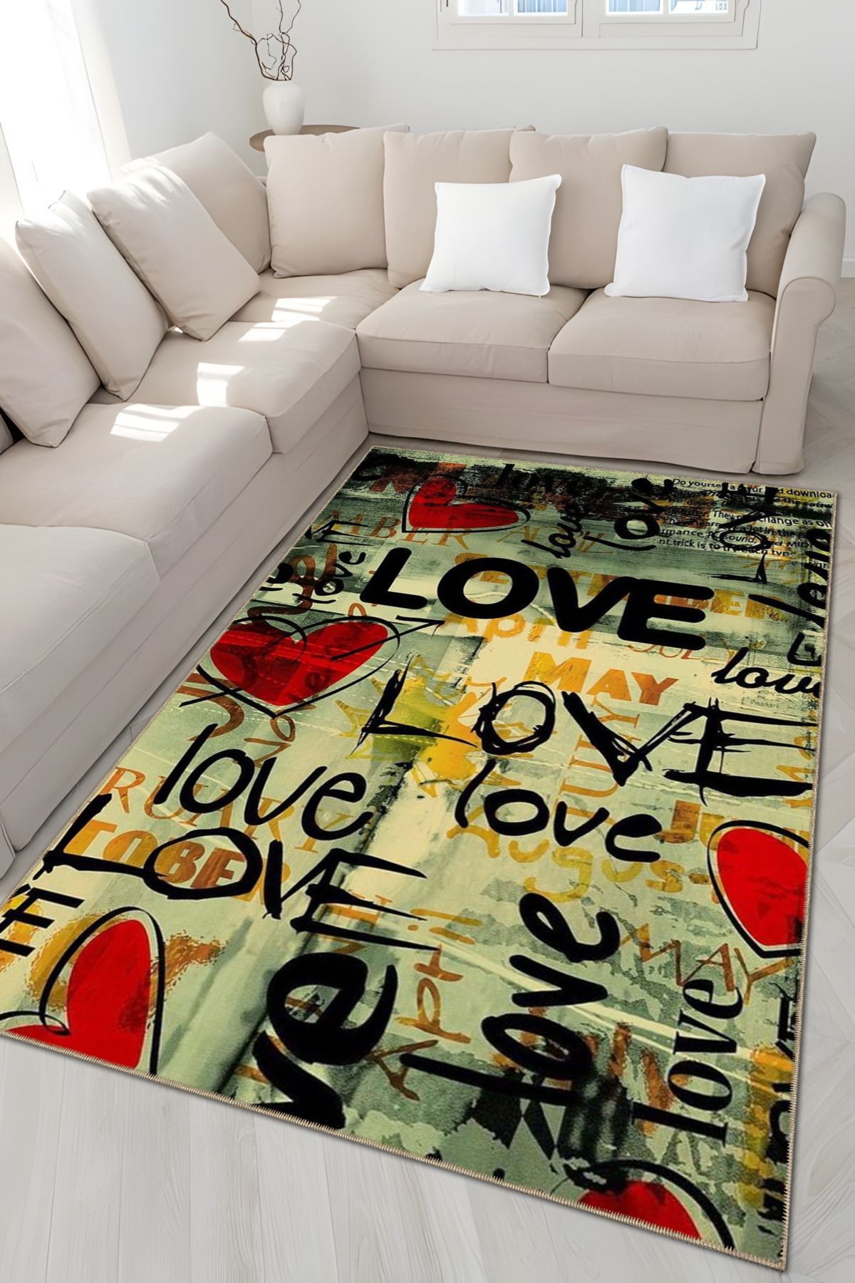 Çok Renkli Retro Tasarım Karma Yazılar Love ve Kalp Desenli Modern Dekoratif Halı 4947