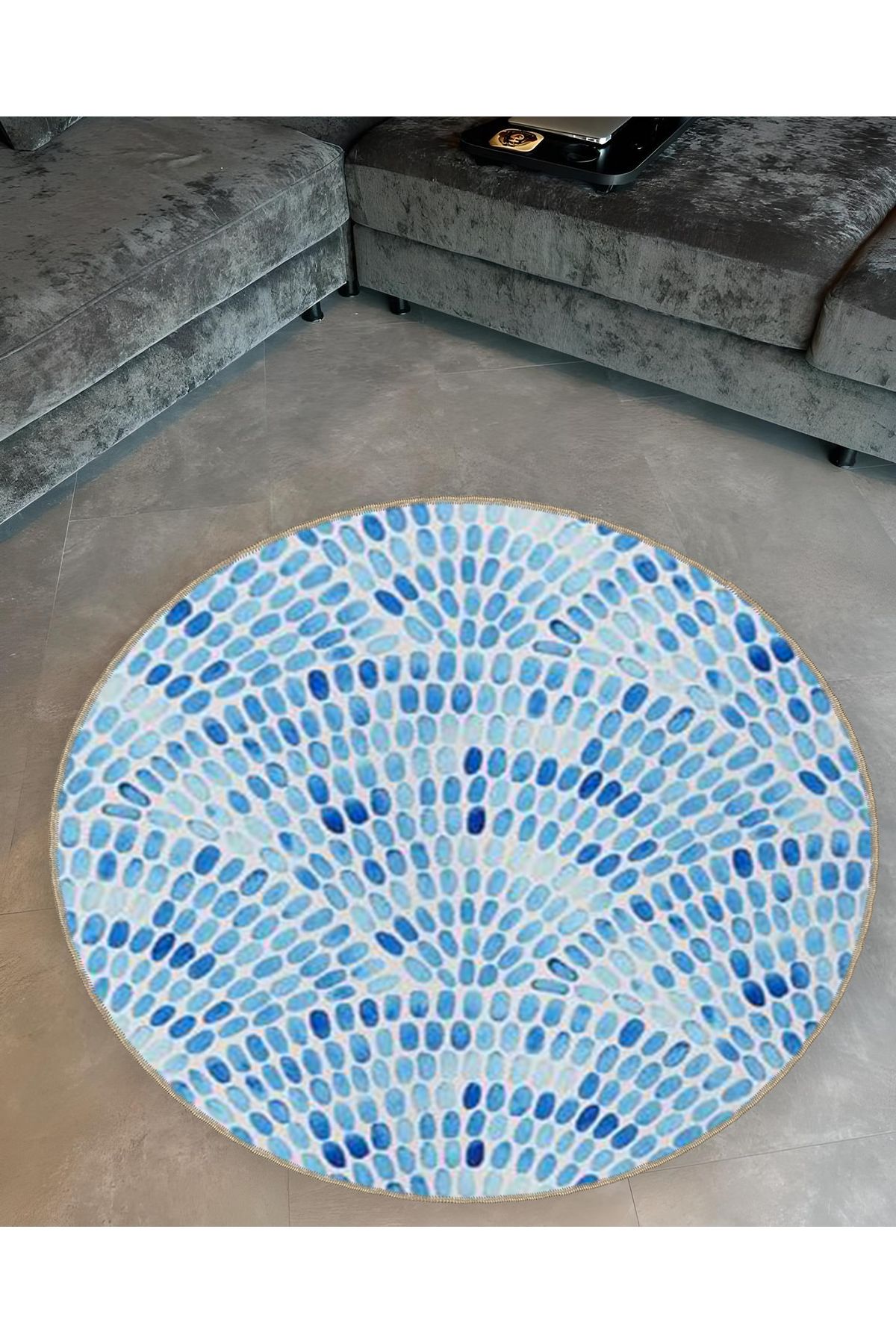 Mira Yuvarlak Mavi Tonlarda Noktalar Dokuma Taban Modern Dekoratif Halı 5561