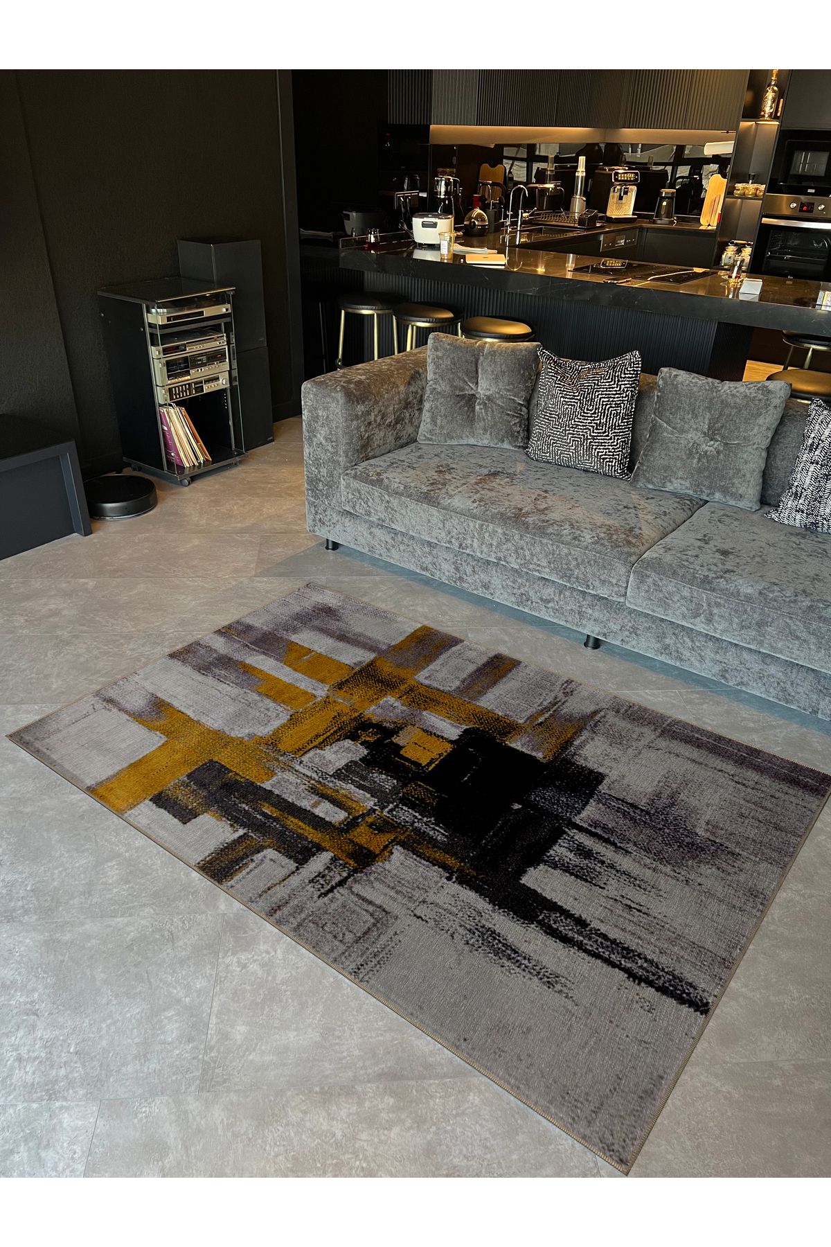 Gri Sarı Temalı Geometrik Soyut Desenli Modern Dekoratif Halı 5302