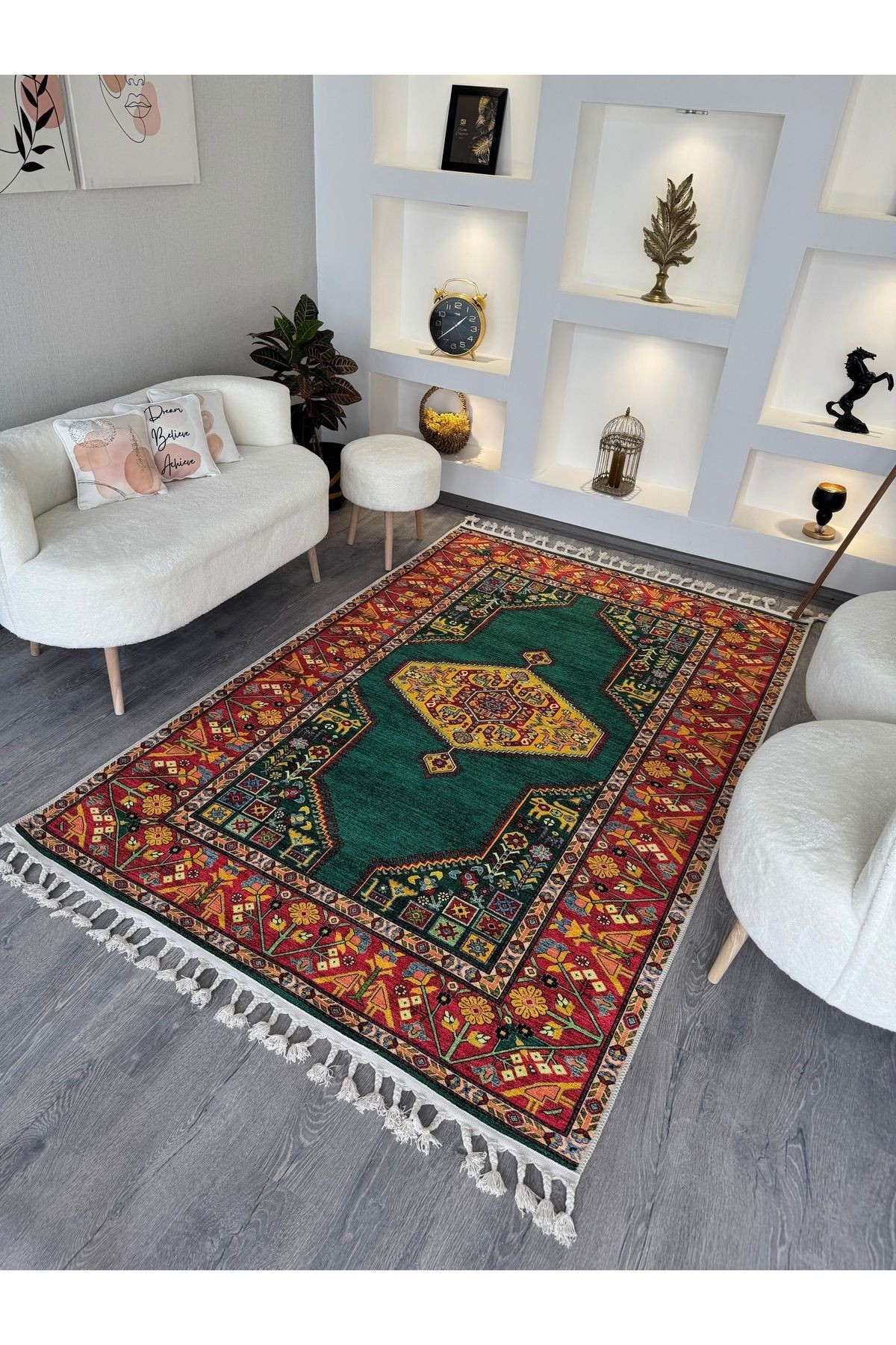 Opal Yeşil Turuncu Antik Desenli Dokuma Taban Modern Dekoratif Halı opal11