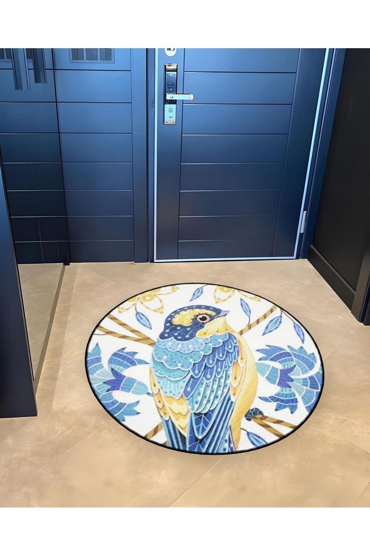 Mavi Sarı Temalı Kırlangıç Desenli Yuvarlak Dokuma Taban Vintage Dekoratif Halı 6117
