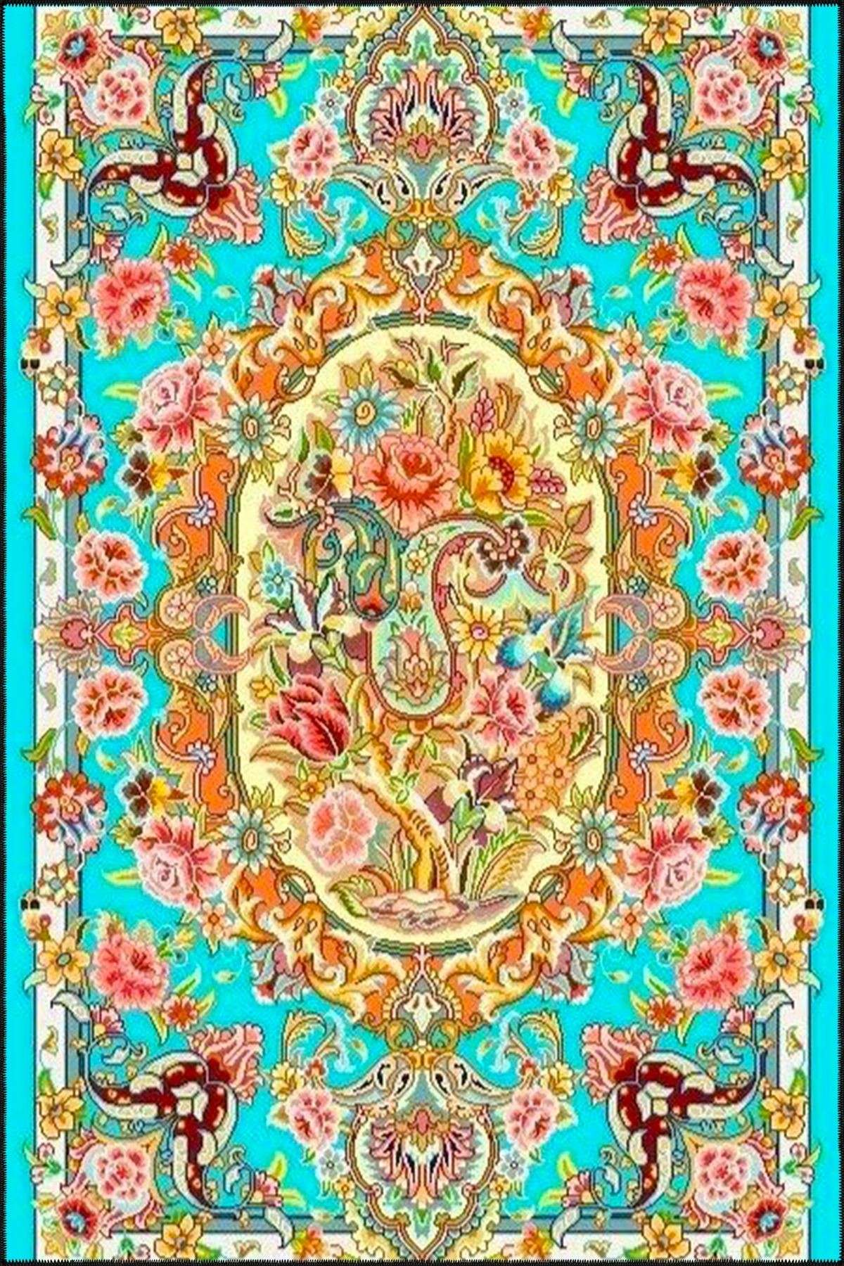 Açık Mavi Vintage Desenli Dokuma Taban Halı ve Yıkanabilir Halı aloha163