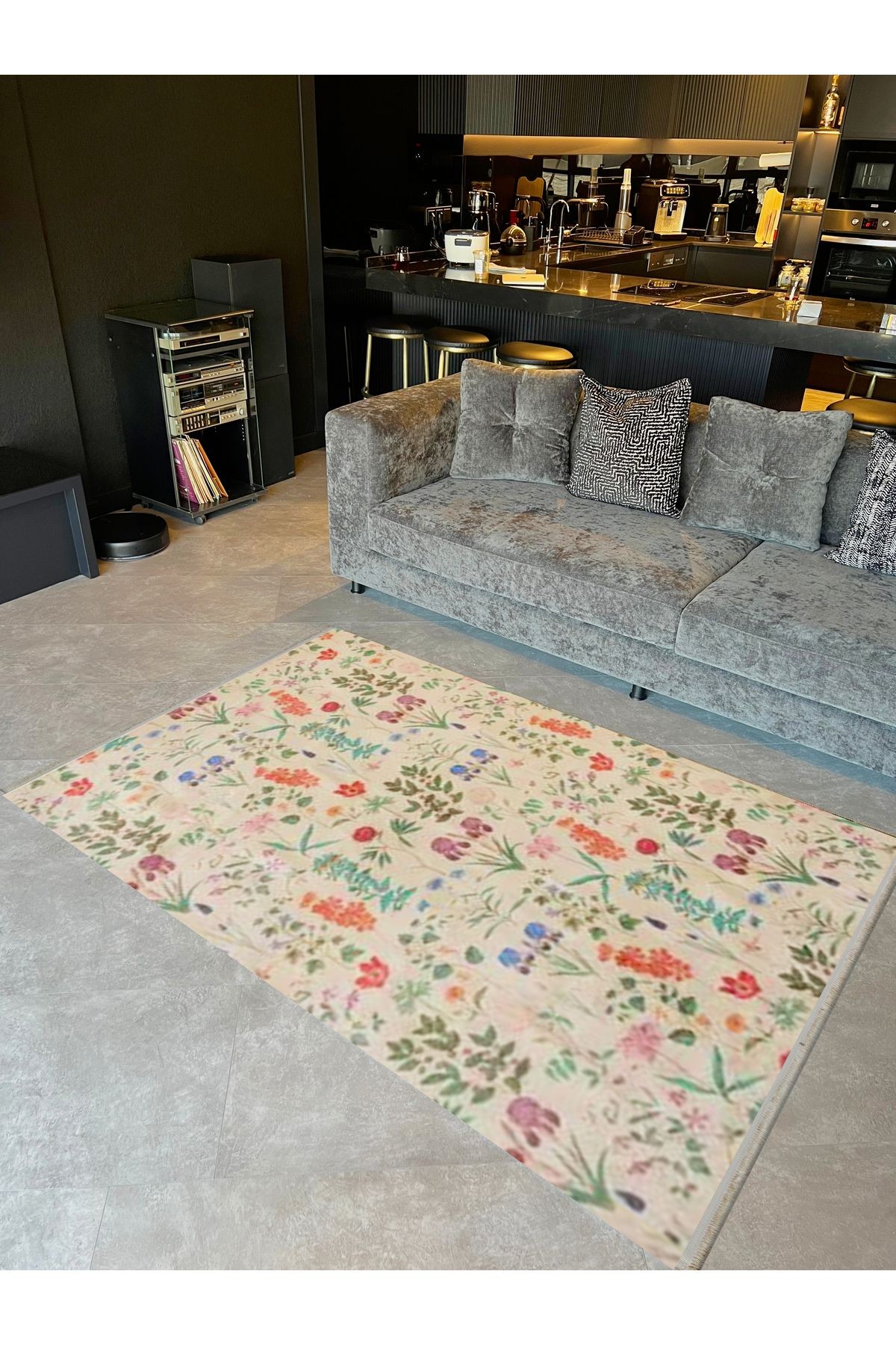 Kemal Koleksiyonu Çok Renkli Floral Çiçek Motifleri Desenli Dokuma Taban Modern Dekoratif Halı 01