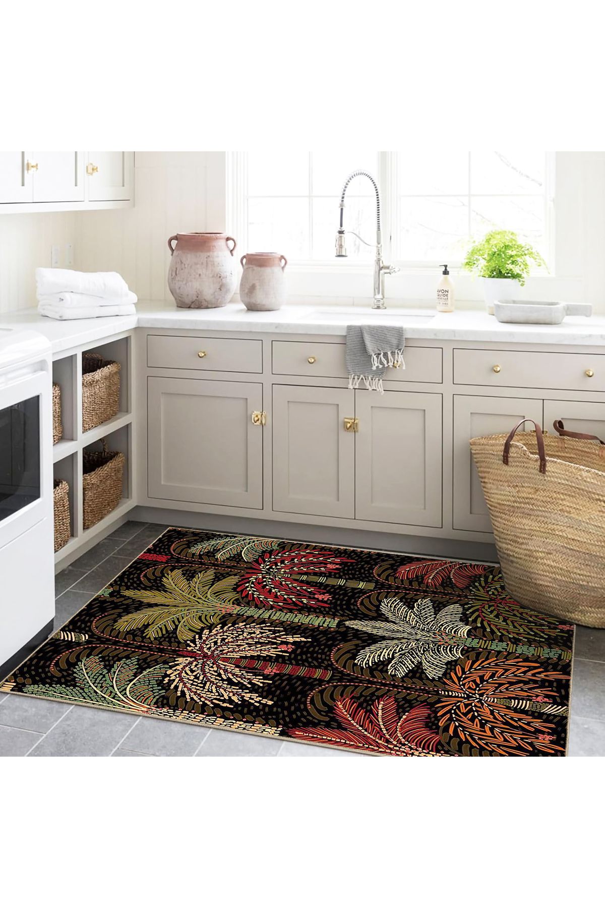 Tuğrul Koleksiyonu Koyu Ton Çok Renkli Palmiye Ağaçları Desen Dokuma Taban Modern Dekoratif Halı 05