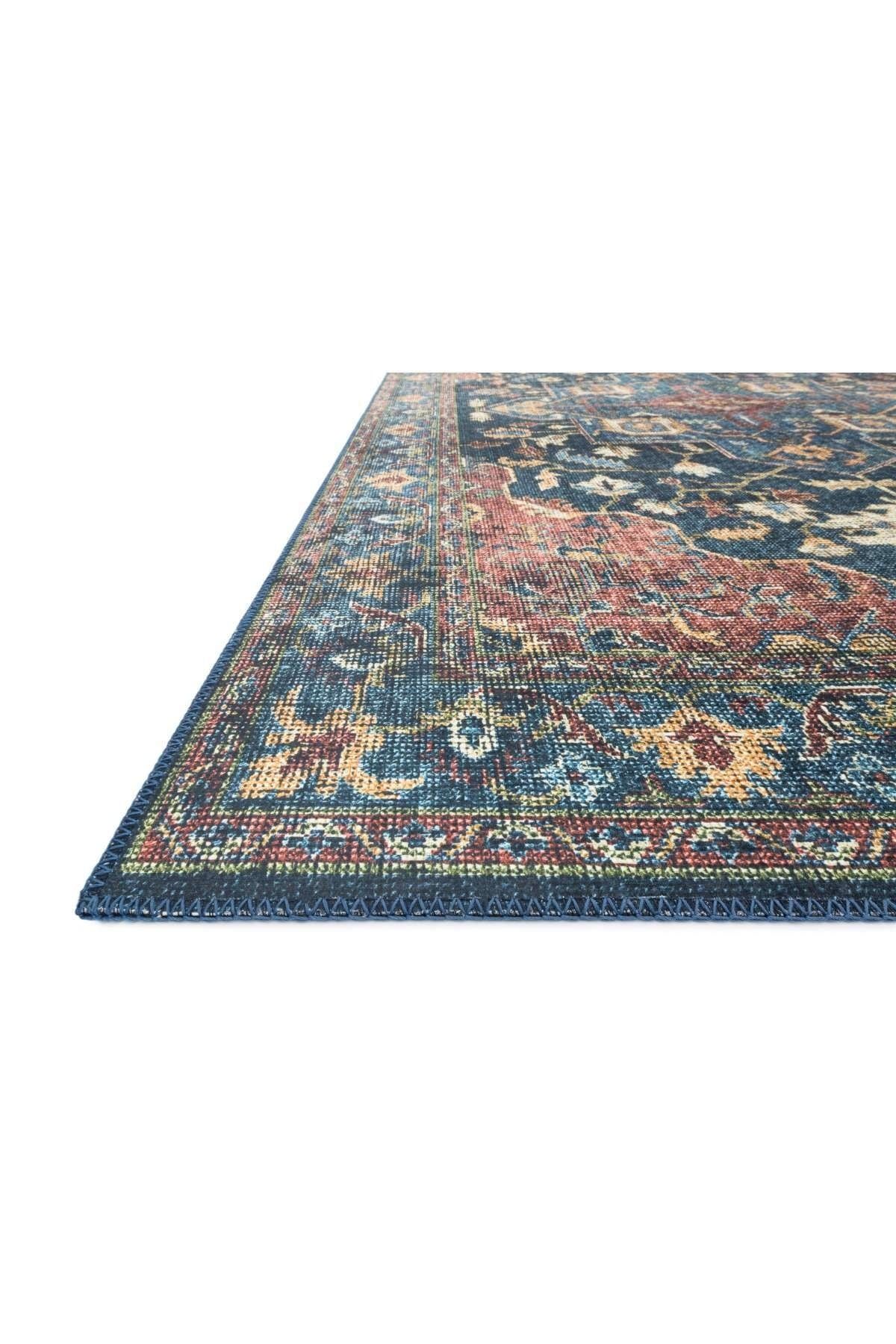 Etnik Klasik Lacivert Desenli Pastel Dokuma Taban Dijital Baskılı Halı Mira 1377