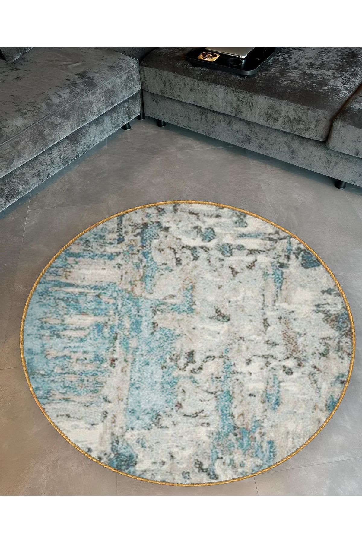 Mira Yuvarlak Mavi Beyaz Tonlarda Dokuma Taban Modern Dekoratif Halı 5550