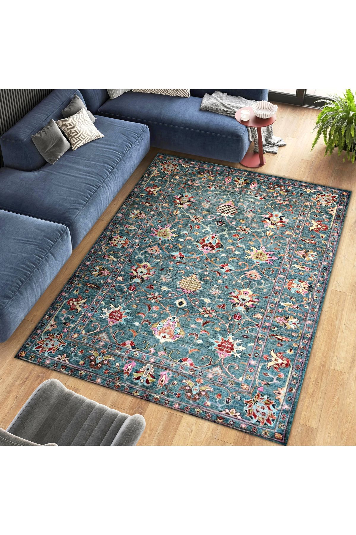 Mete Koleksiyonu Turkuaz Temalı Geleneksel Motif Desenli Vintage Dekoratif Halı 44