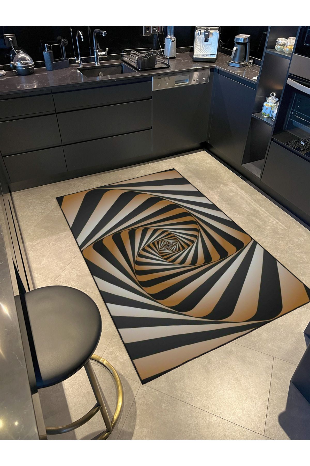 Kahverengi Siyah Sonsuz Geometrik Temalı Dekoratif Halı ve Yıkanabilir Halı miravip9726