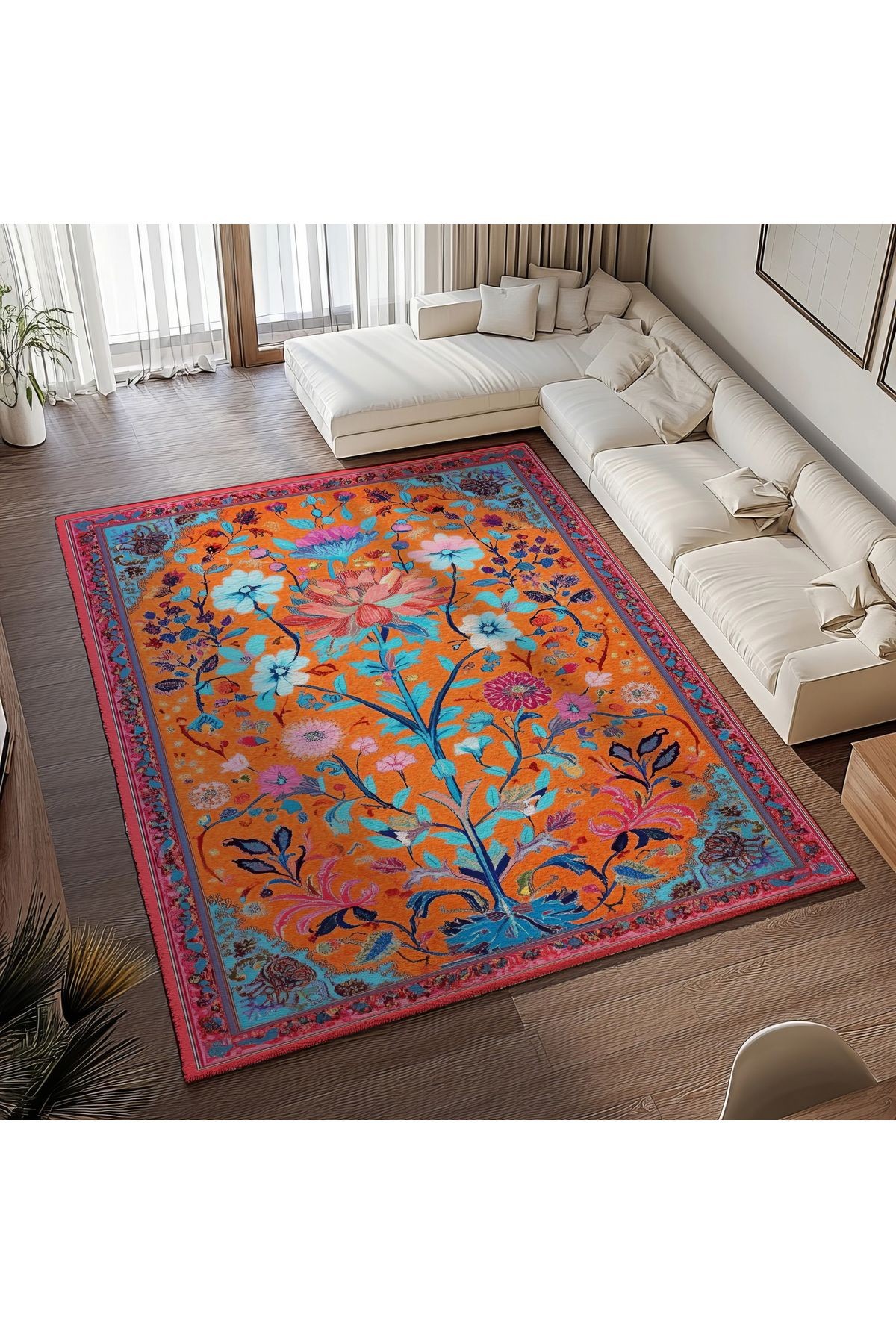 Nora Art 06 Turuncu Turkuaz Etnik Çiçekli Modern Dokuma Taban Dekoratif Salon Halısı