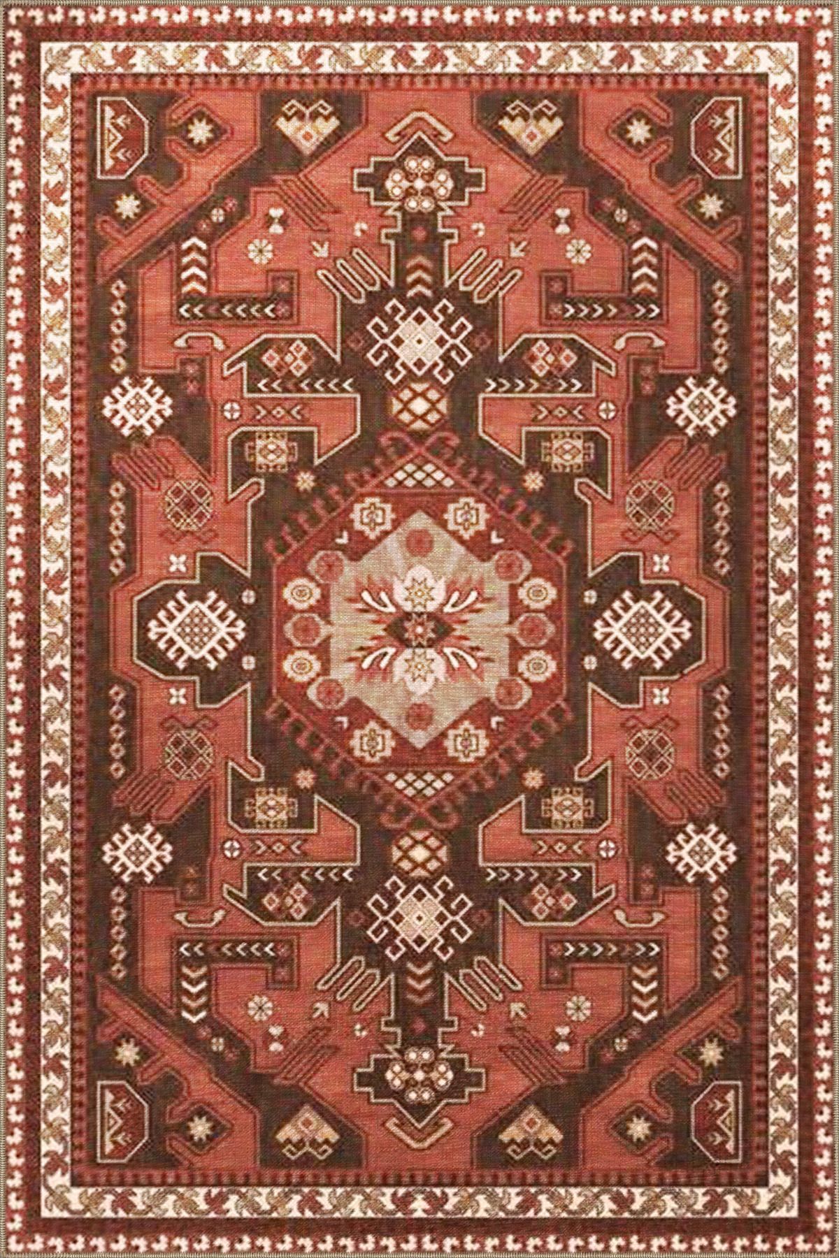 Kahverengi Renkli Geometrik Desenli Dekoratif Halı 4061