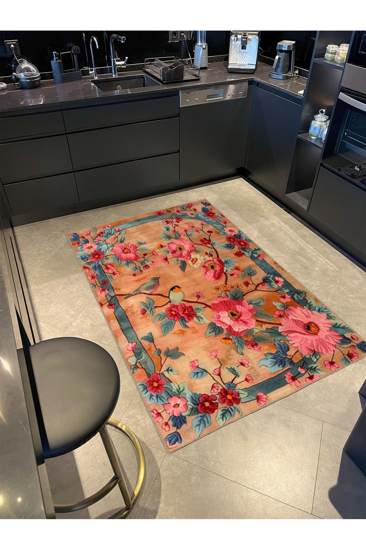 Paris Koleksiyonu Somon Rengi Temalı Çiçekler ve Kuş Desenli Modern Dekoratif Halı 151