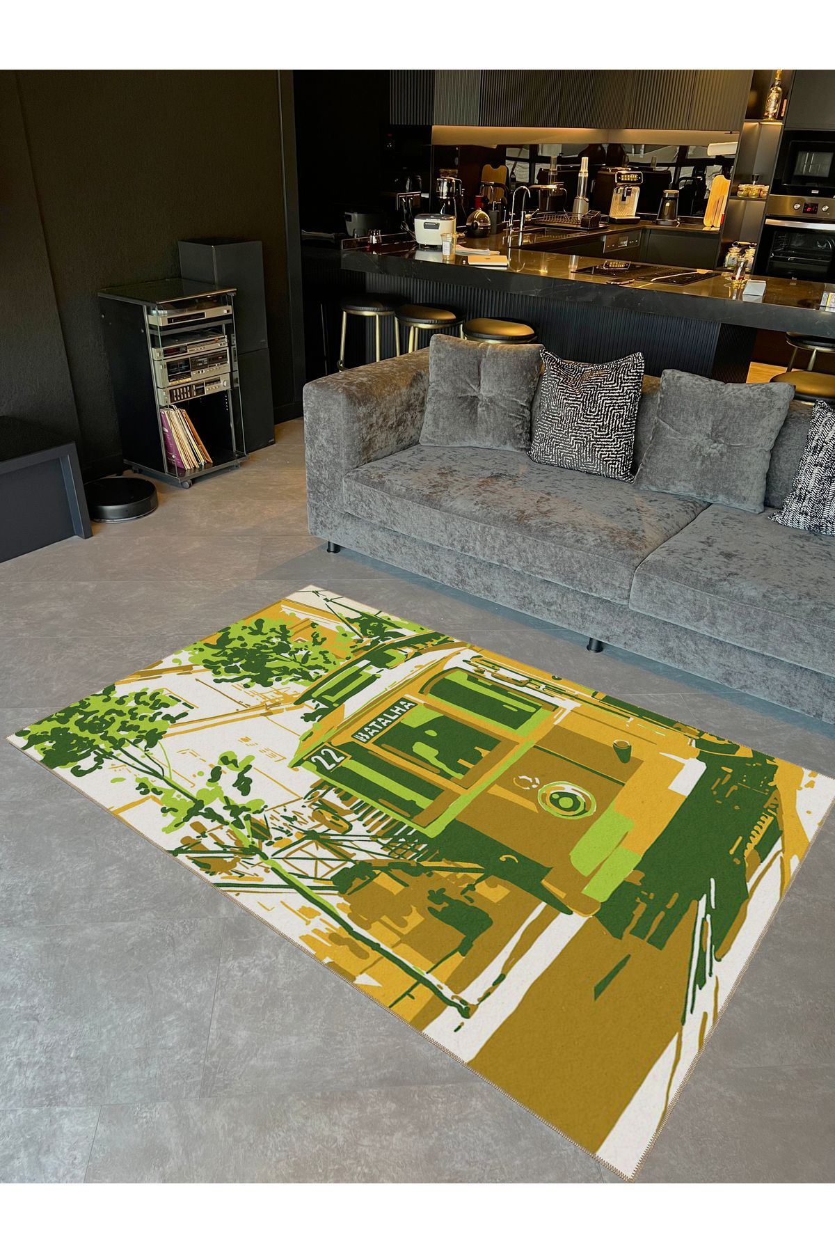 Buse Koleksiyonu Yeşil Turuncu Tren Desenli Dokuma Taban Modern Dekoratif Halı buse20