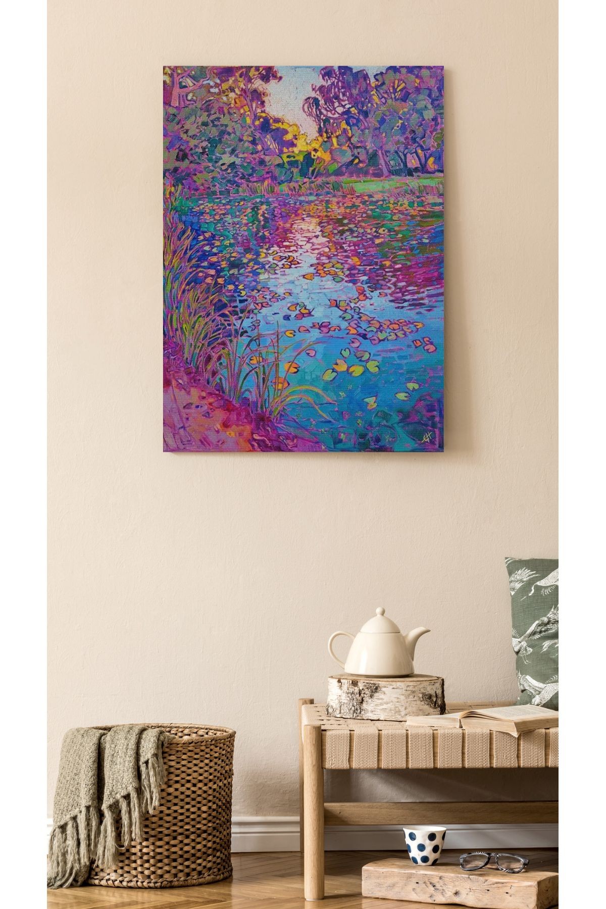 Kanvas Tablo Pembe Göl Şelale Desenli Modern Tablo