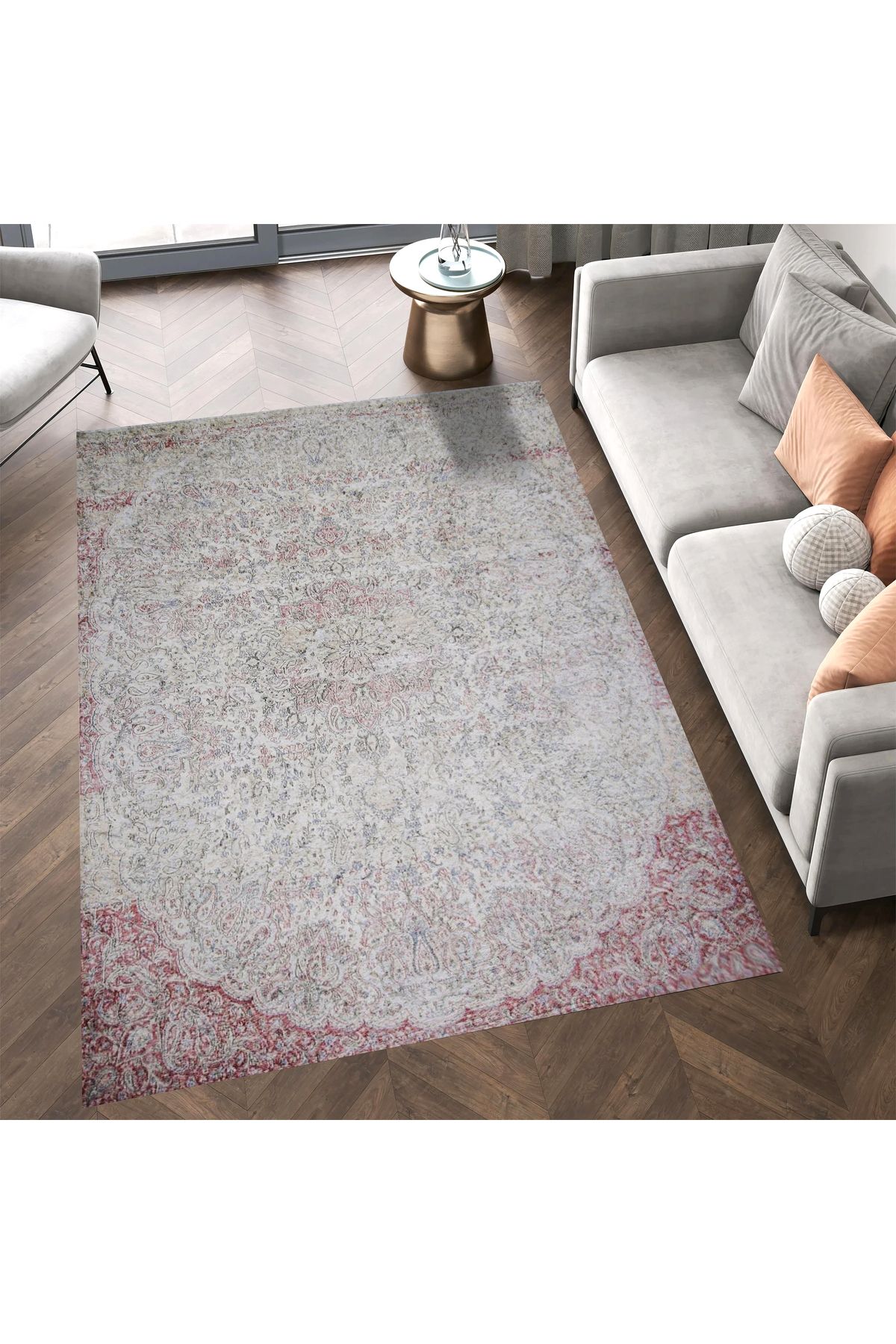 Mete Koleksiyonu Bej ve Kırmızı Temalı Geleneksel Motif ve Çiçek Desenli Vintage Dekoratif Halı 40