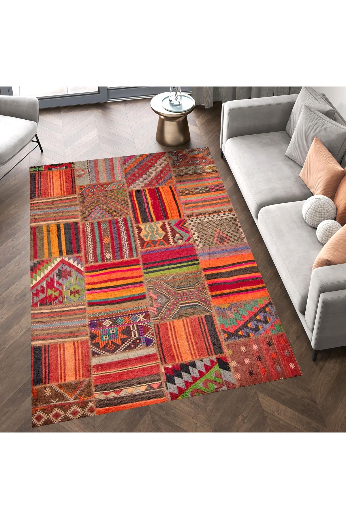 Cansu Koleksiyonu Patchwork Görünümlü Turuncu Tonlarda Dokuma Taban Modern Dekoratif Halı cansu04