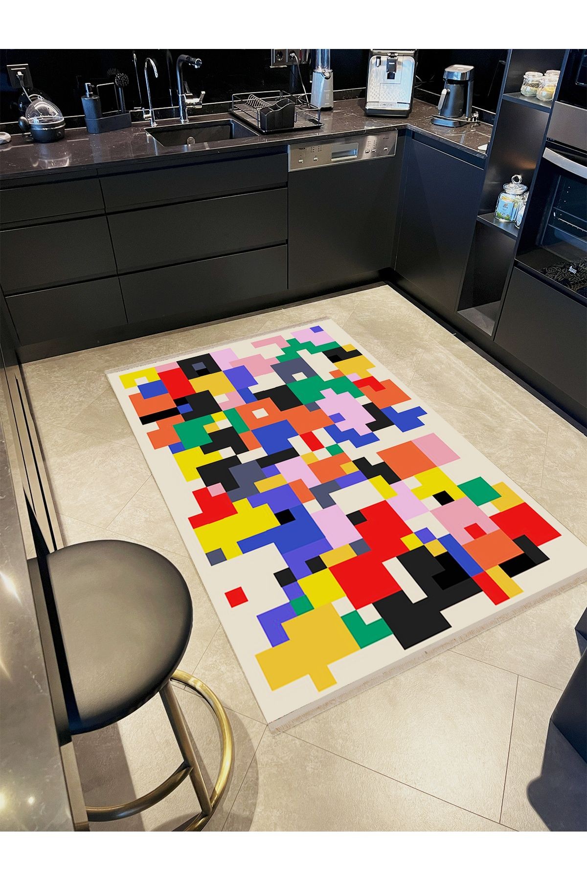 Yılmaz Koleksiyonu Çok Renkli Geometrik Piksel Kare Desenli Kreatif Modern Dekoratif Halı 09