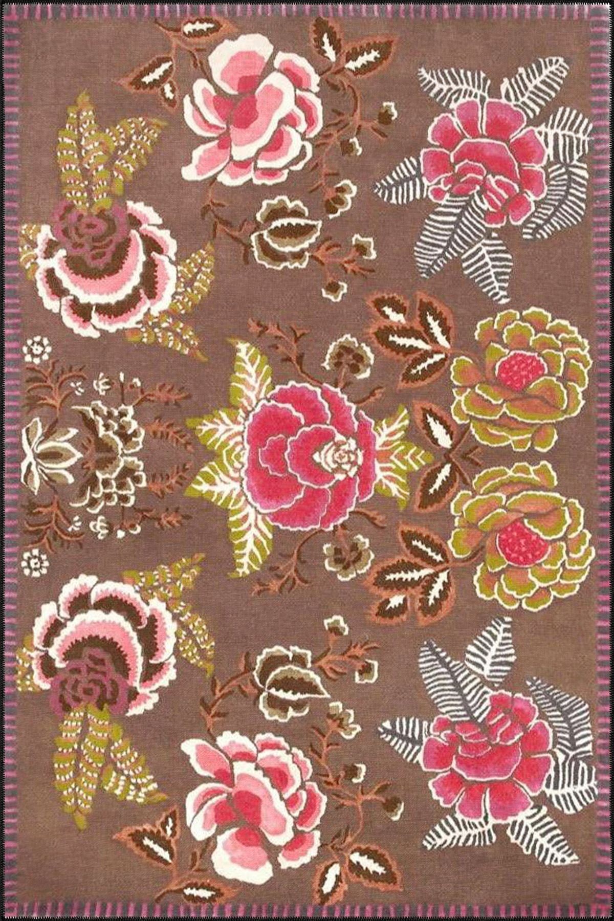 Kahverengi Renkli Çiçekli Desenli Dekoratif Halı miravip575