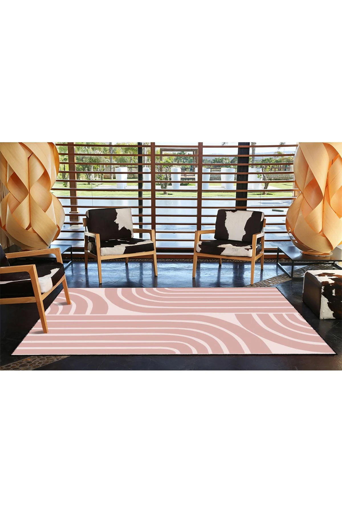 Pembe Beyaz Çizgili Desenli Dokuma Taban ve Yıkanabilir Halı miravip9358