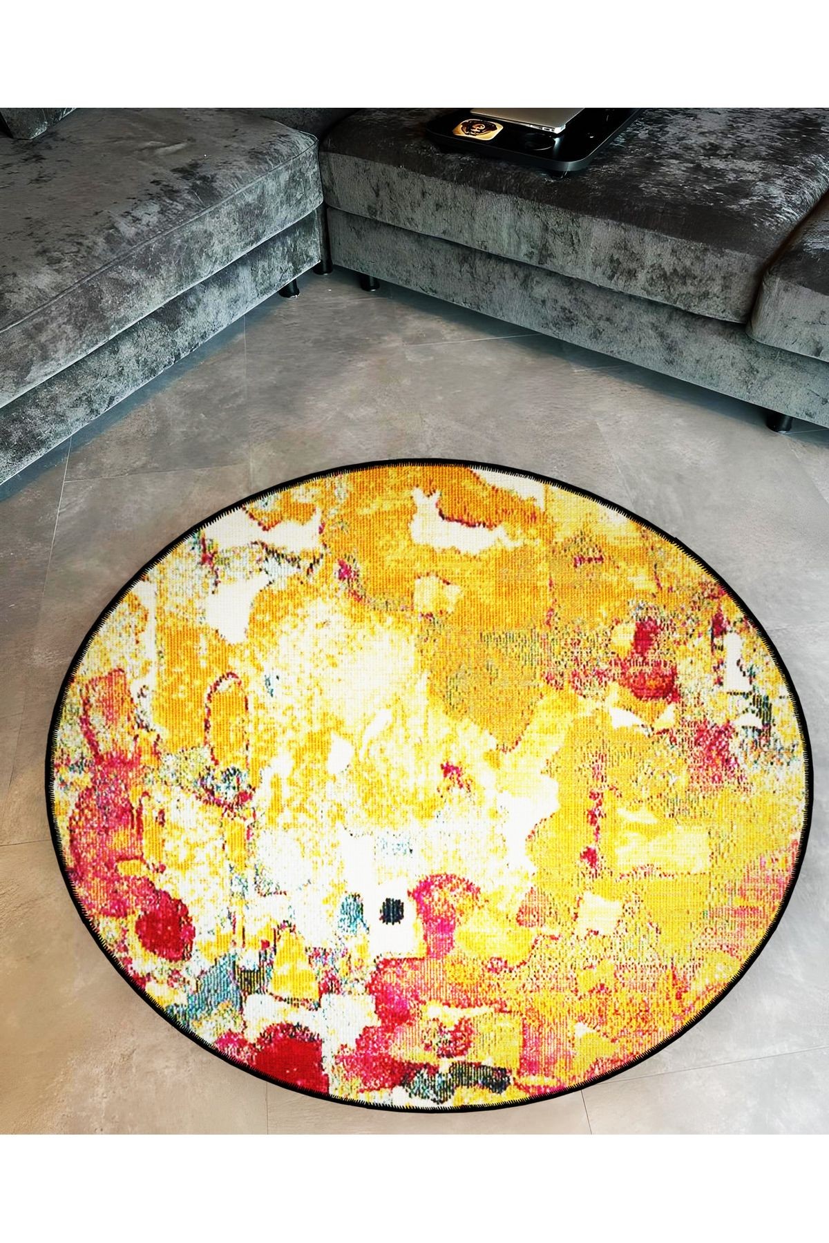 Çok Renkli Soyut Desenli Yuvarlak Dokuma Taban Modern Dekoratif Halı 6167