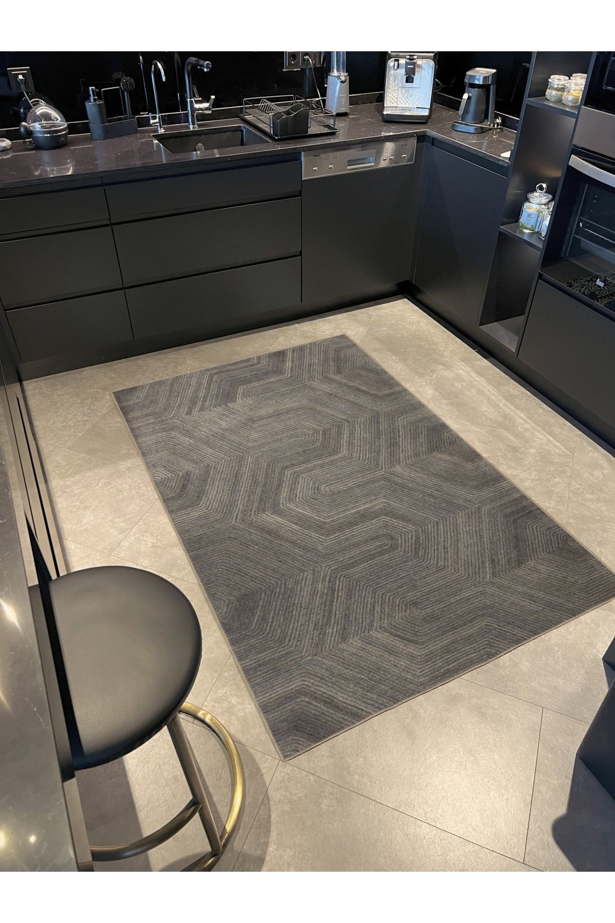 Gri Temalı Soyut Geometrik Desenli Kreatif Modern Dekoratif Halı 3002