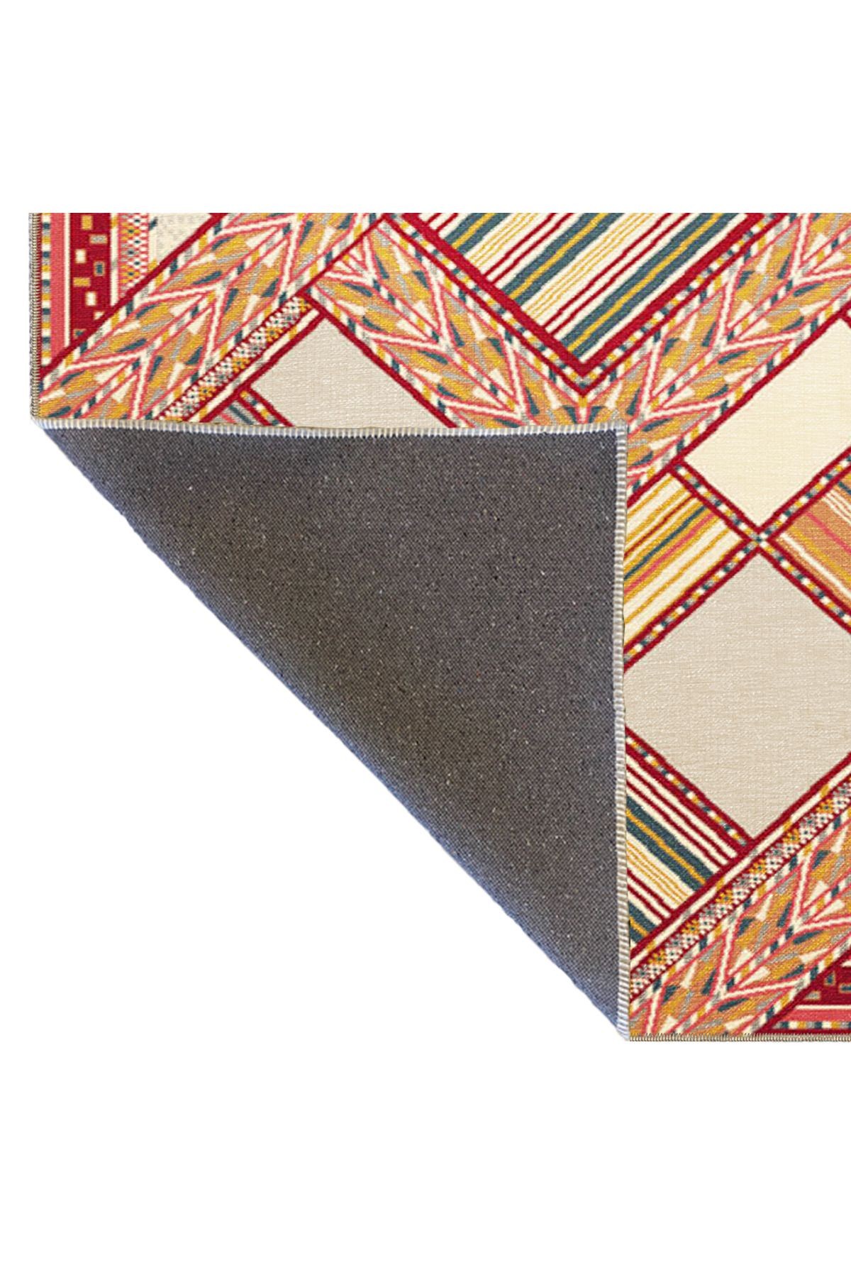 Bej Turuncu Temalı Çiçek Geometrik Desenli Vintage Dekoratif Halı 3425
