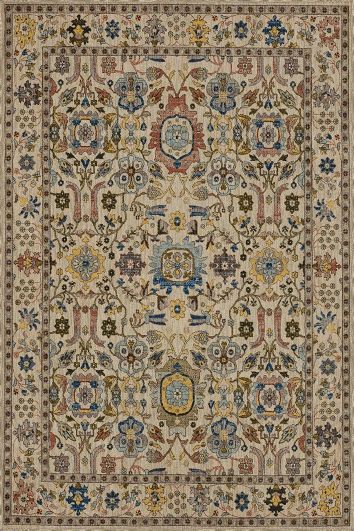 Bej Temalı Çok Renkli Motifli Etnik Çiçek Desenli Vintage Dekoratif Halı 4502