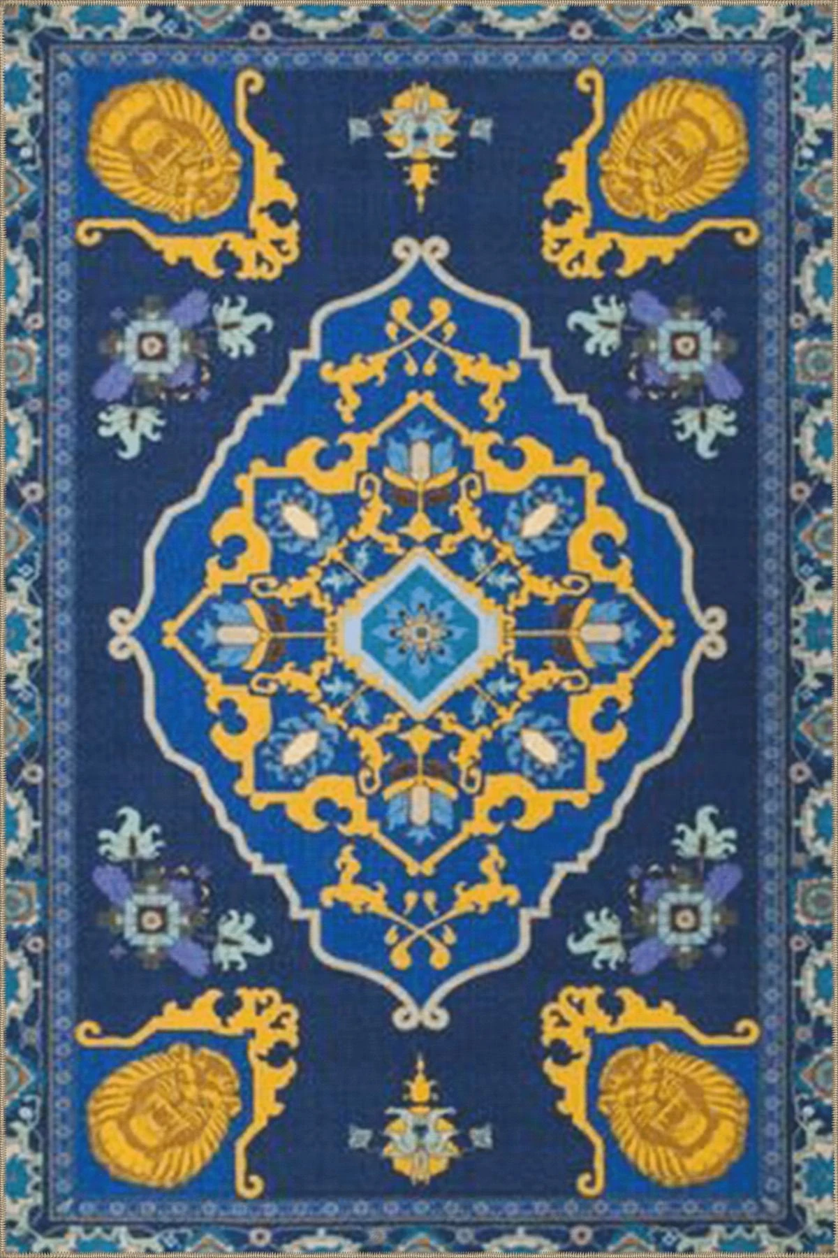 Lacivert Sarı Temalı Geleneksel Motif Desenli Vintage Dekoratif Halı 4697