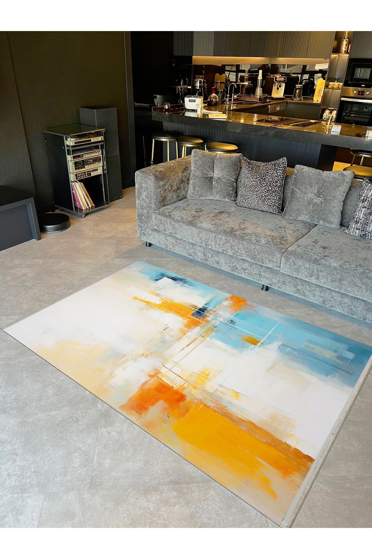 Asena Koleksiyonu Mavi Sarı Temalı Soyut Abstract Duman Desenli Modern Dekoratif Halı 37