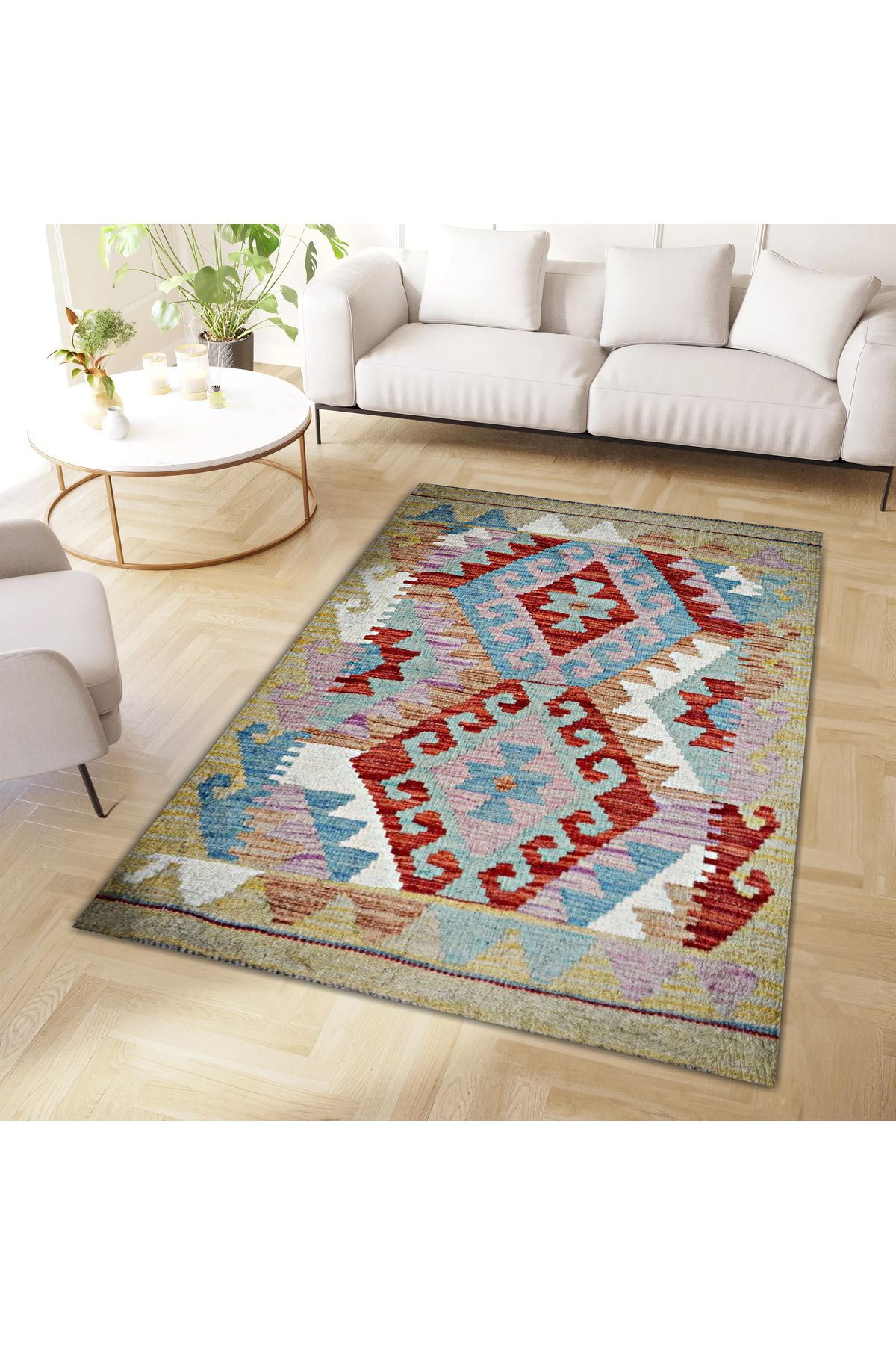 Mete Koleksiyonu Çok Renkli Geometrik Motifler Desenli Vintage Dekoratif Halı 14