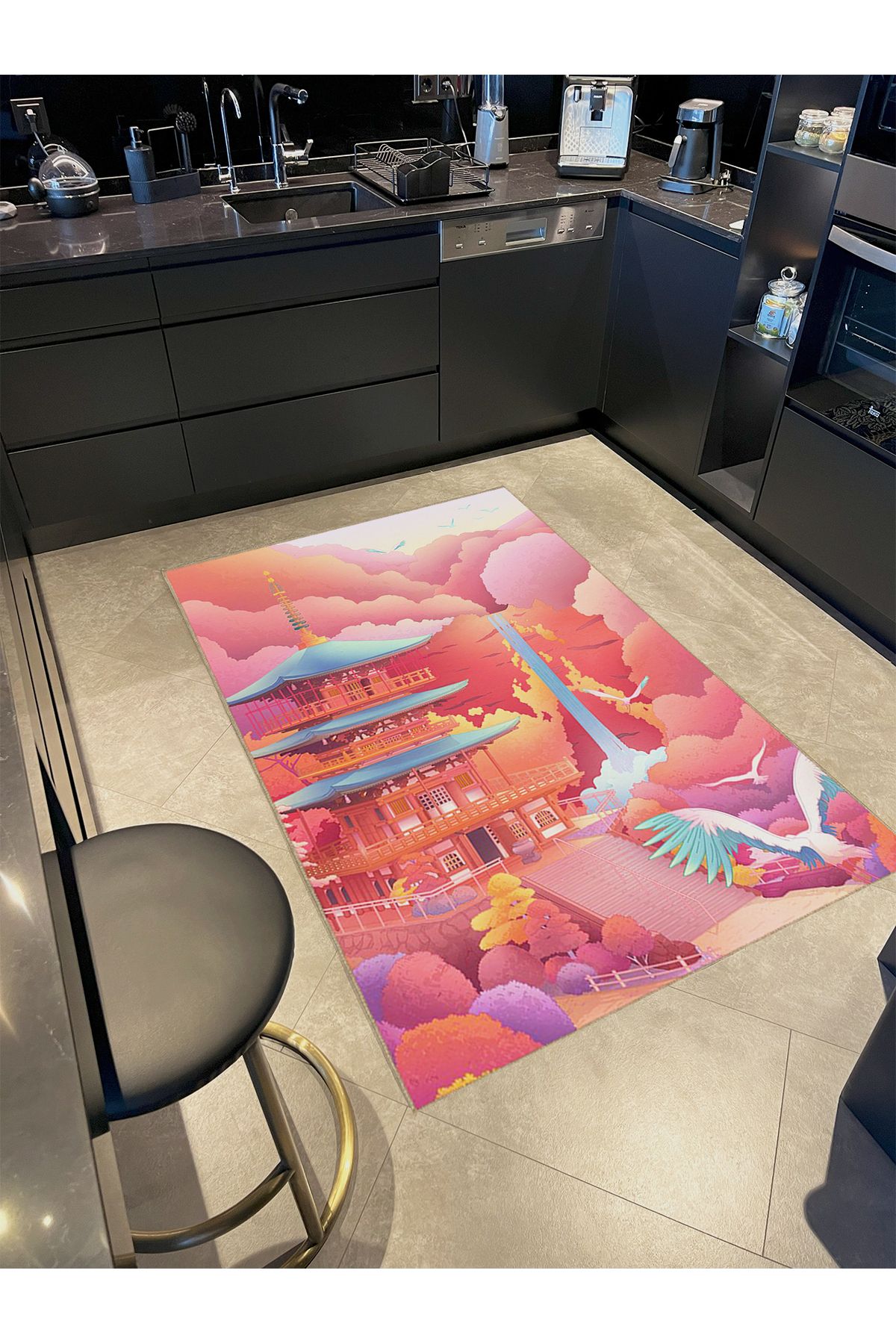 Buse Koleksiyonu Çok Renkli Japon Pagoda Desenli Dokuma Taban Modern Dekoratif Halı buse30