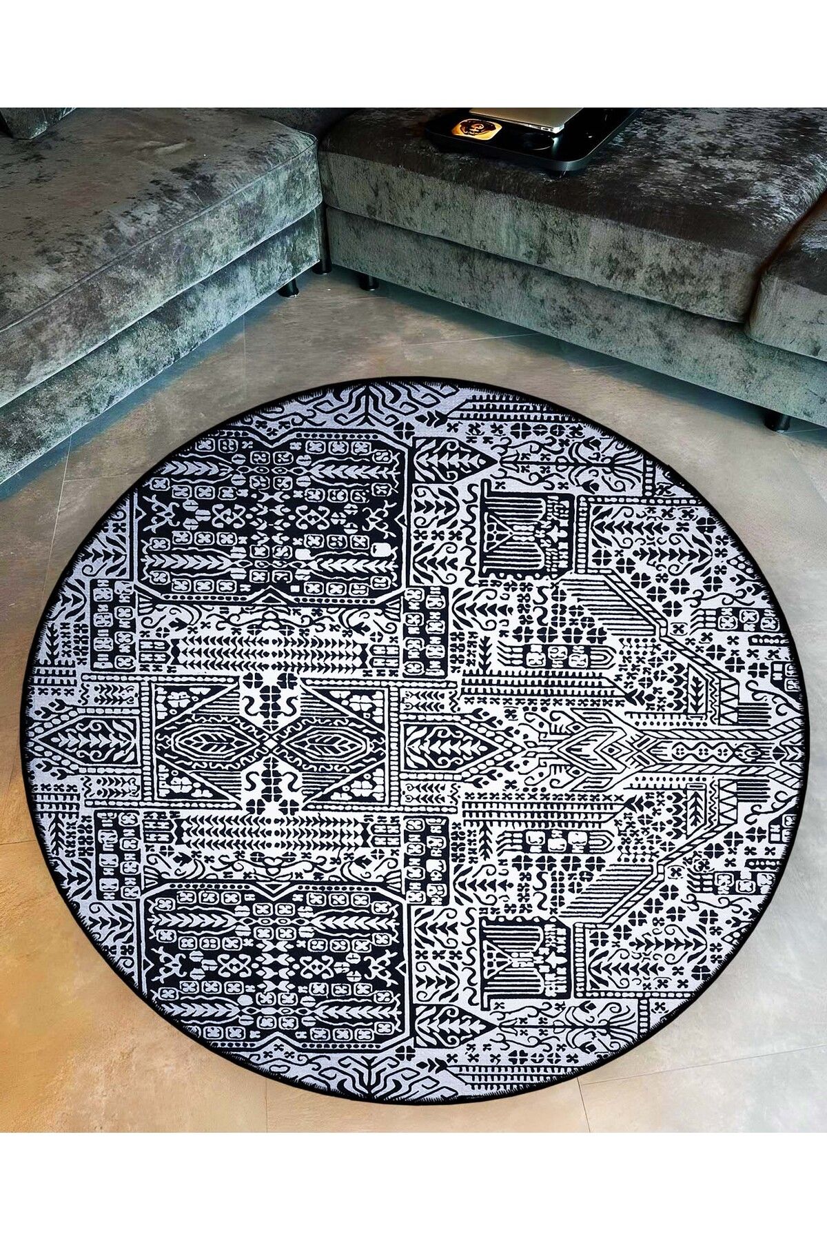 Mira Yuvarlak Siyah Beyaz Soyut Şekiller Detaylı Dokuma Taban Modern Dekoratif Halı mirayuvarlak5834