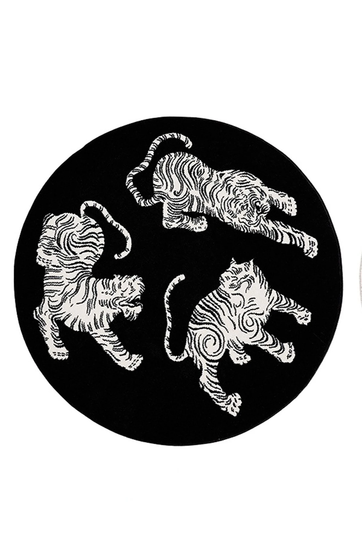 Siyah Üç Kaplan Figürlü Dokuma Taban Yuvarlak Halı Mira 1303