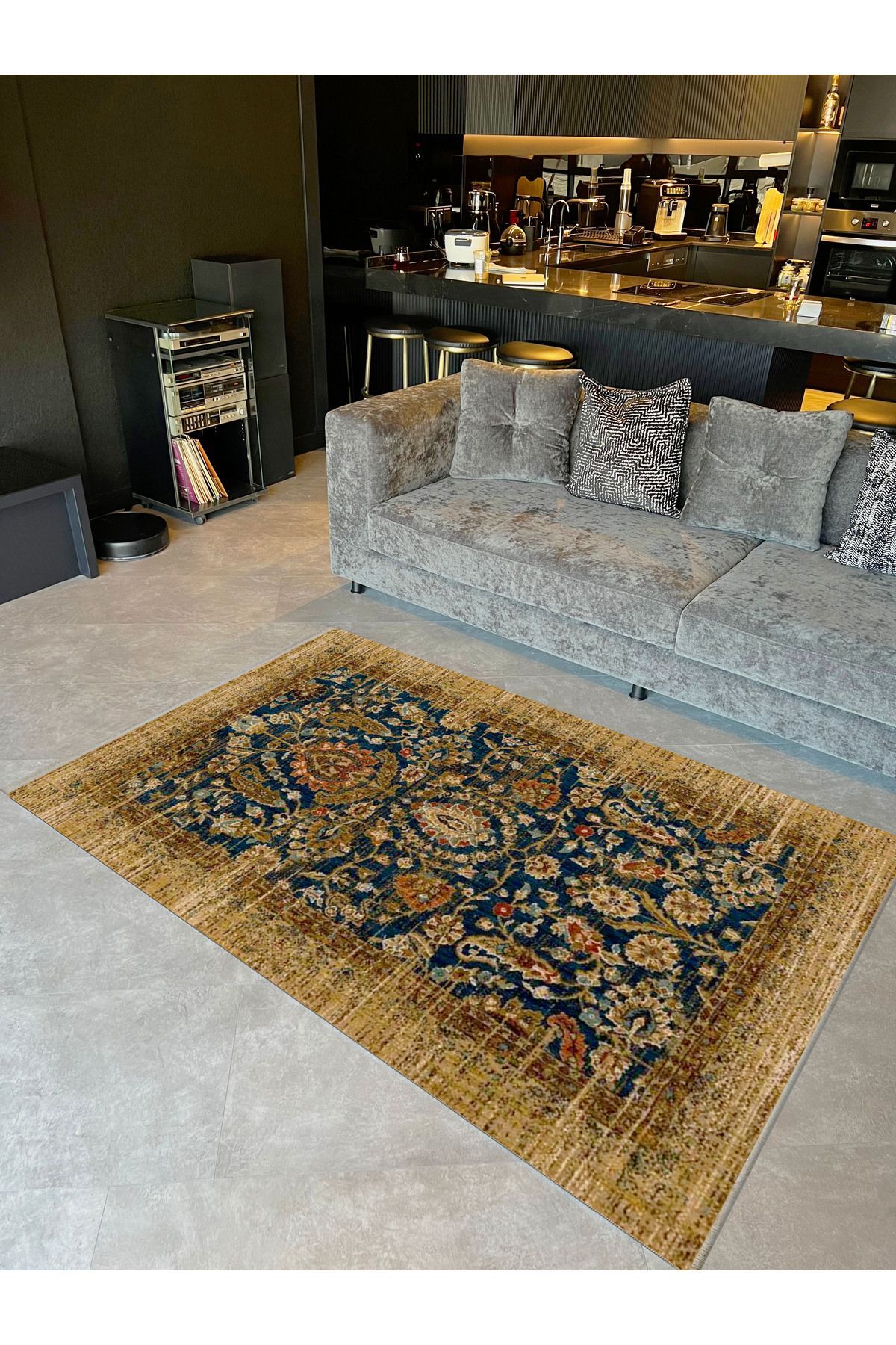 İnci Koleksiyonu Lacivert Tema Çiçekli Geleneksel Desen Dokuma Taban Vintage Dekoratif Halı inci39