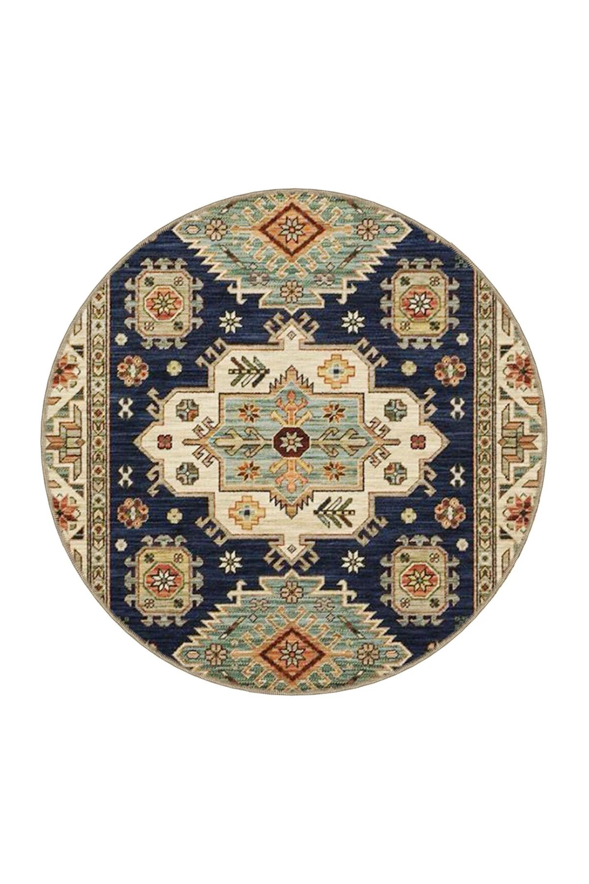 Lacivert Bej Temalı Geleneksel Motif Çiçek Desenli Vintage Dekoratif Halı 3881