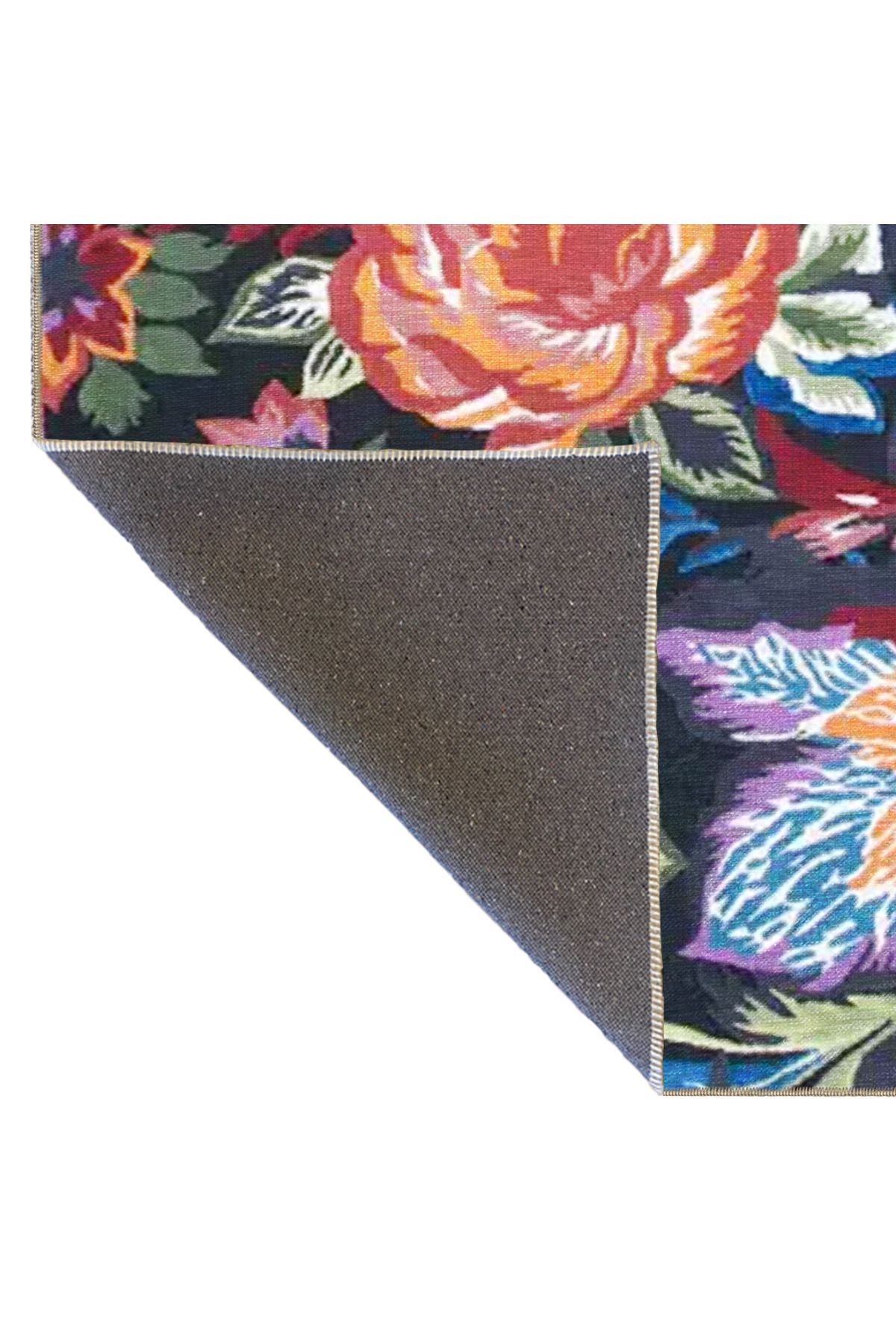 Koyu Ton Çok Renkli Çiçek ve Gül Desenli Kreatif Modern Dekoratif Halı 3416